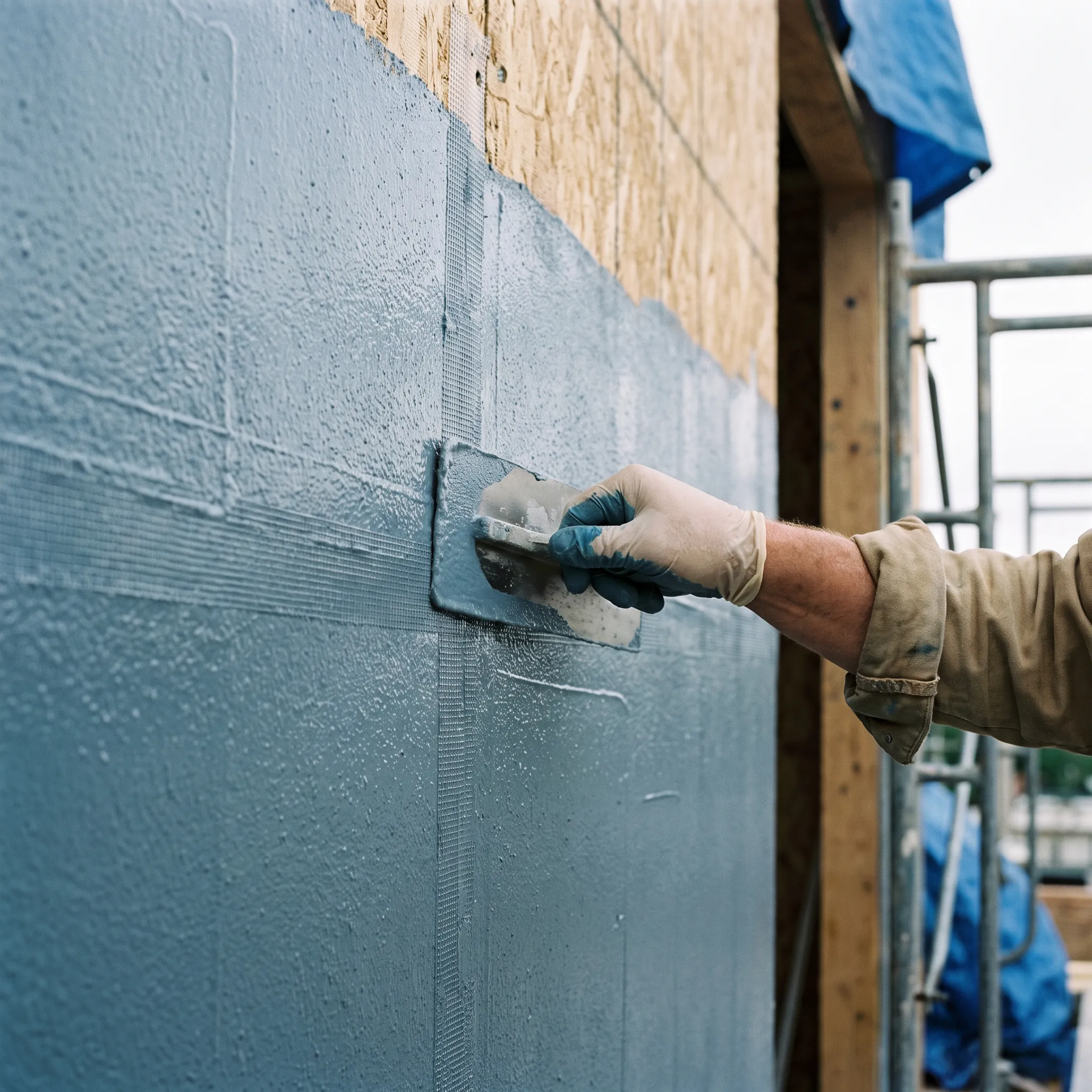 Fluid-applied barrier coating on commercial wall sheathing