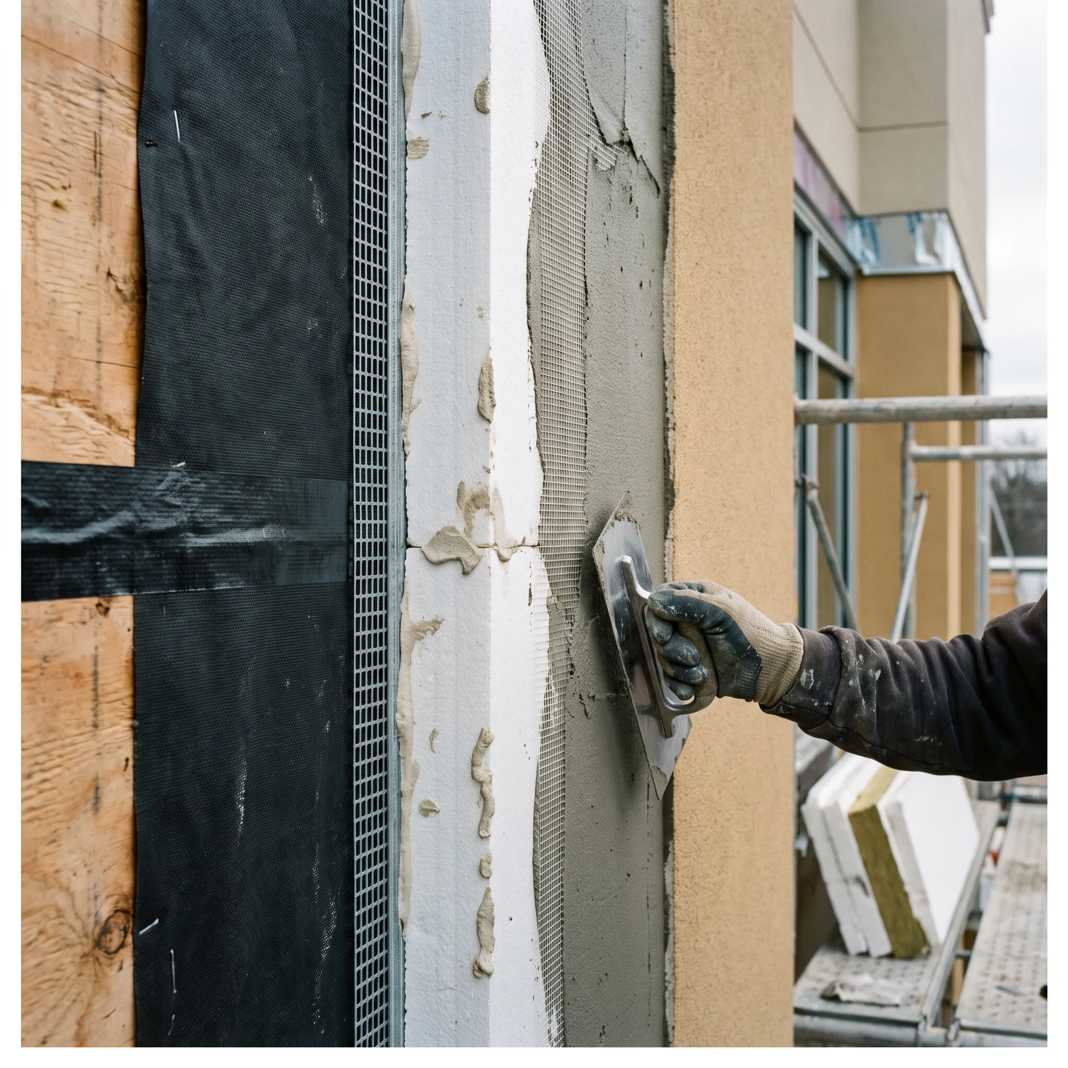 EIFS installation showing insulation, drainage, and finished stucco layers