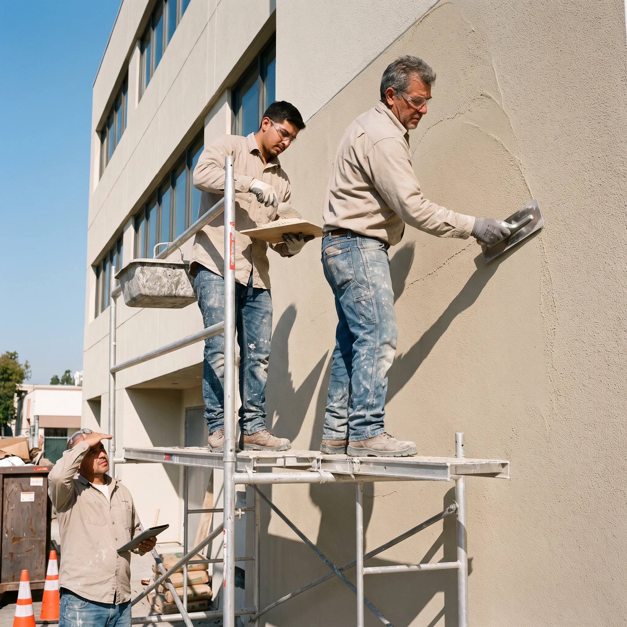 Workers installing stucco on a commercial building exterior
