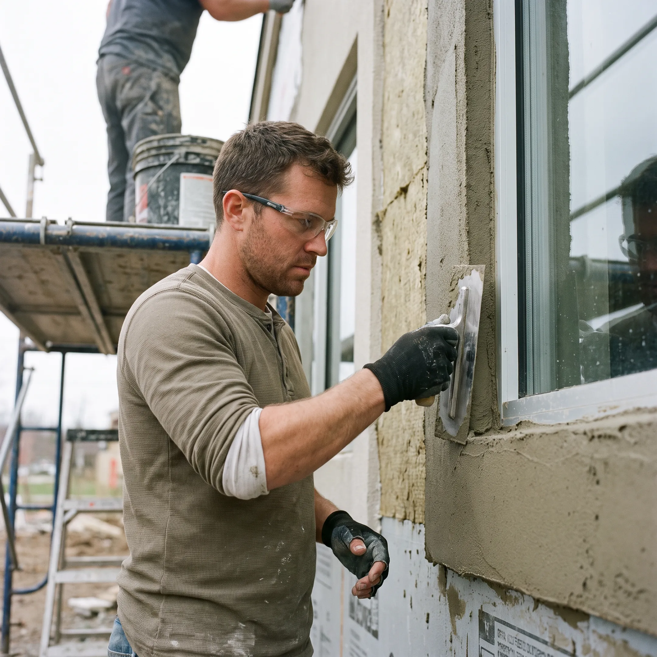 Craftsperson installing precise stucco trim on a commercial building façade