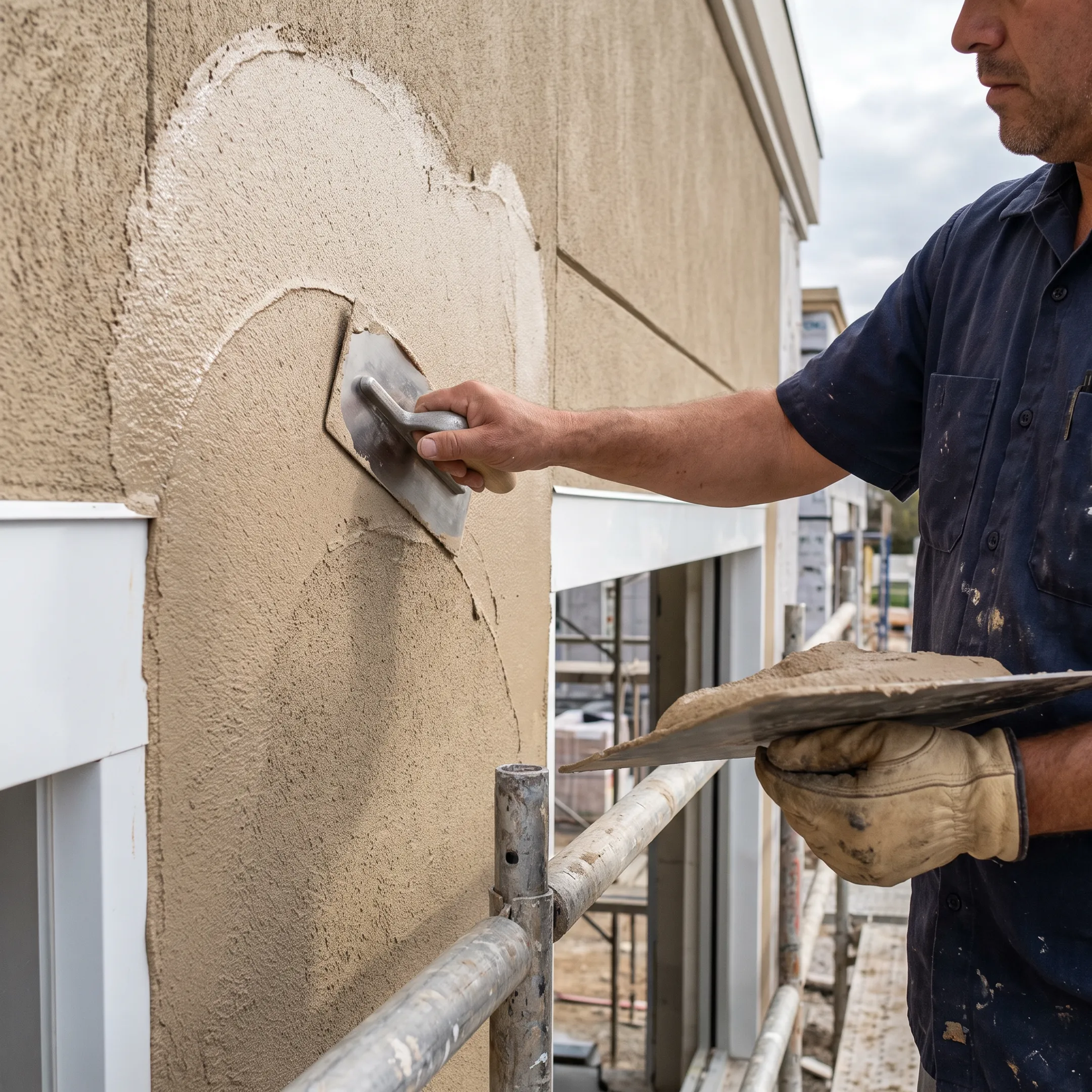 Worker applying EIFS finish around architectural facade reveals