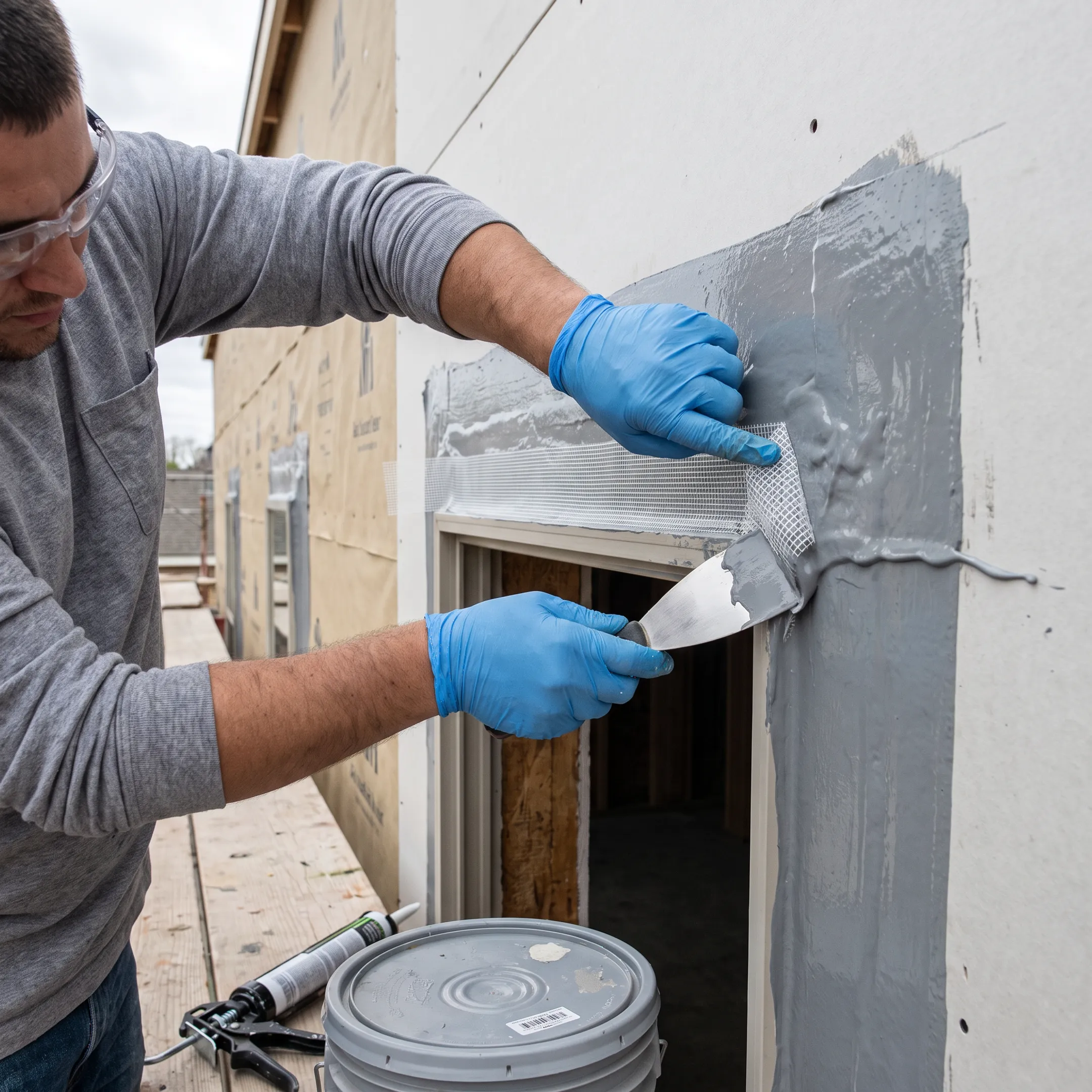 Liquid flashing applied around a commercial window opening