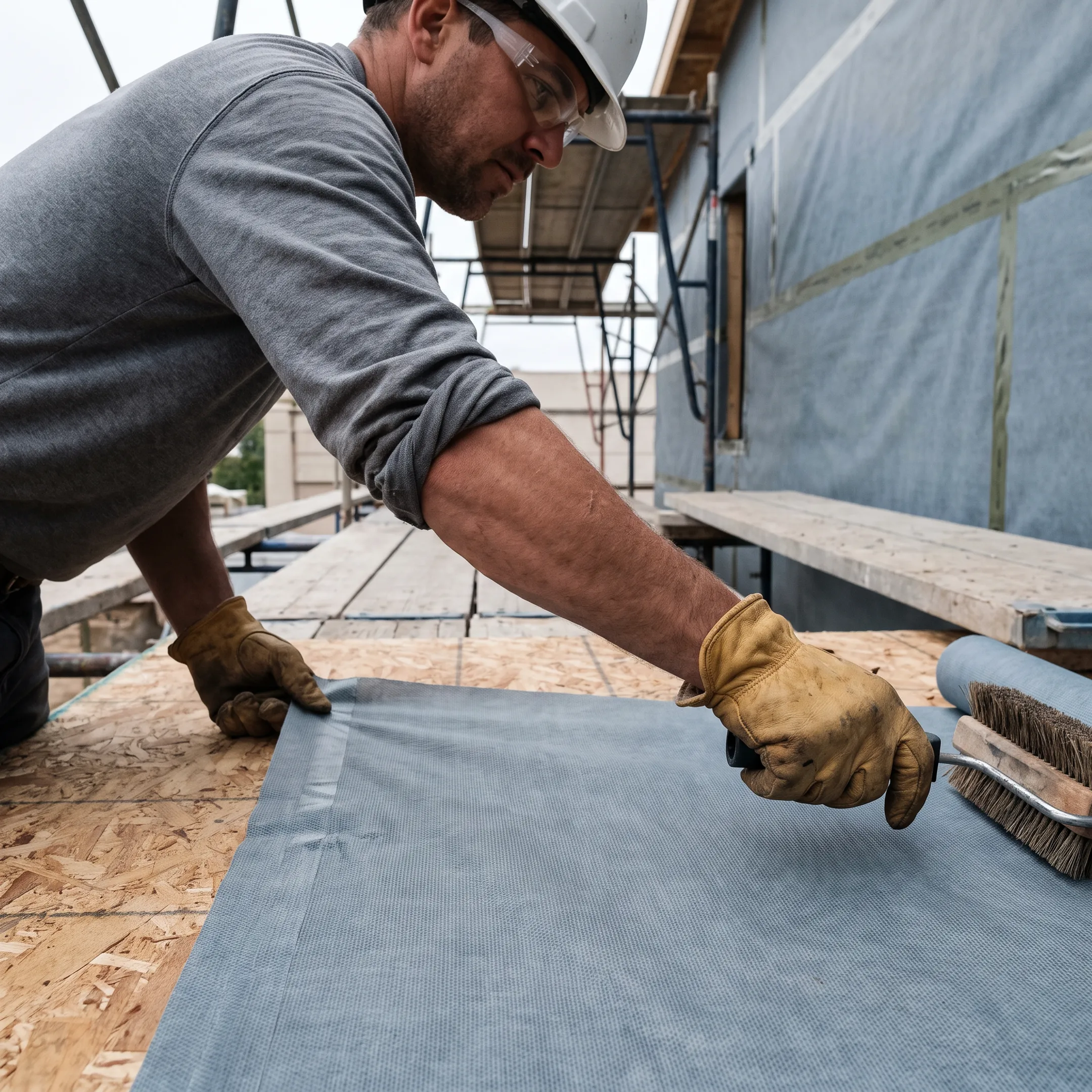 Installer applying vapor-permeable air barrier to commercial wall assembly