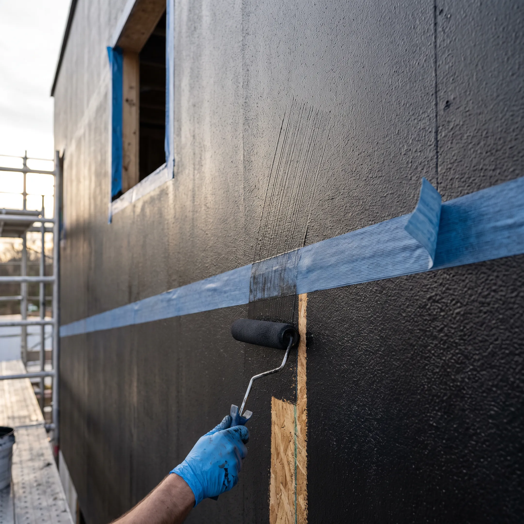 Fluid-applied air barrier installed across a commercial wall assembly