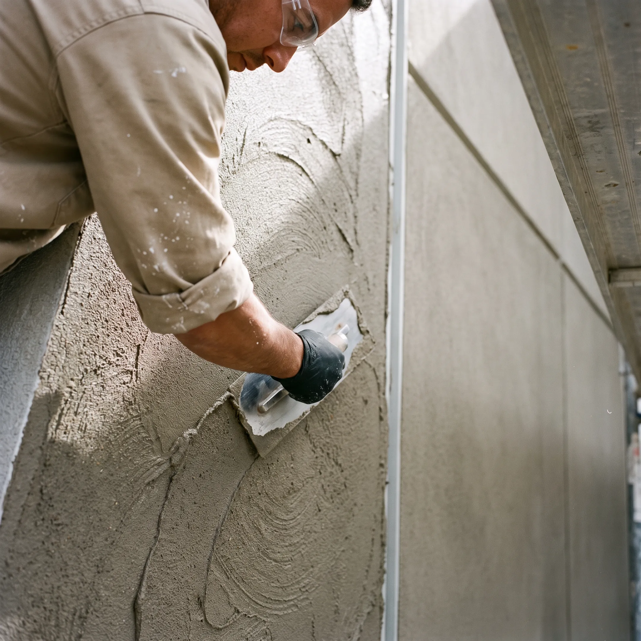 Professional applying acrylic finish to a textured commercial façade