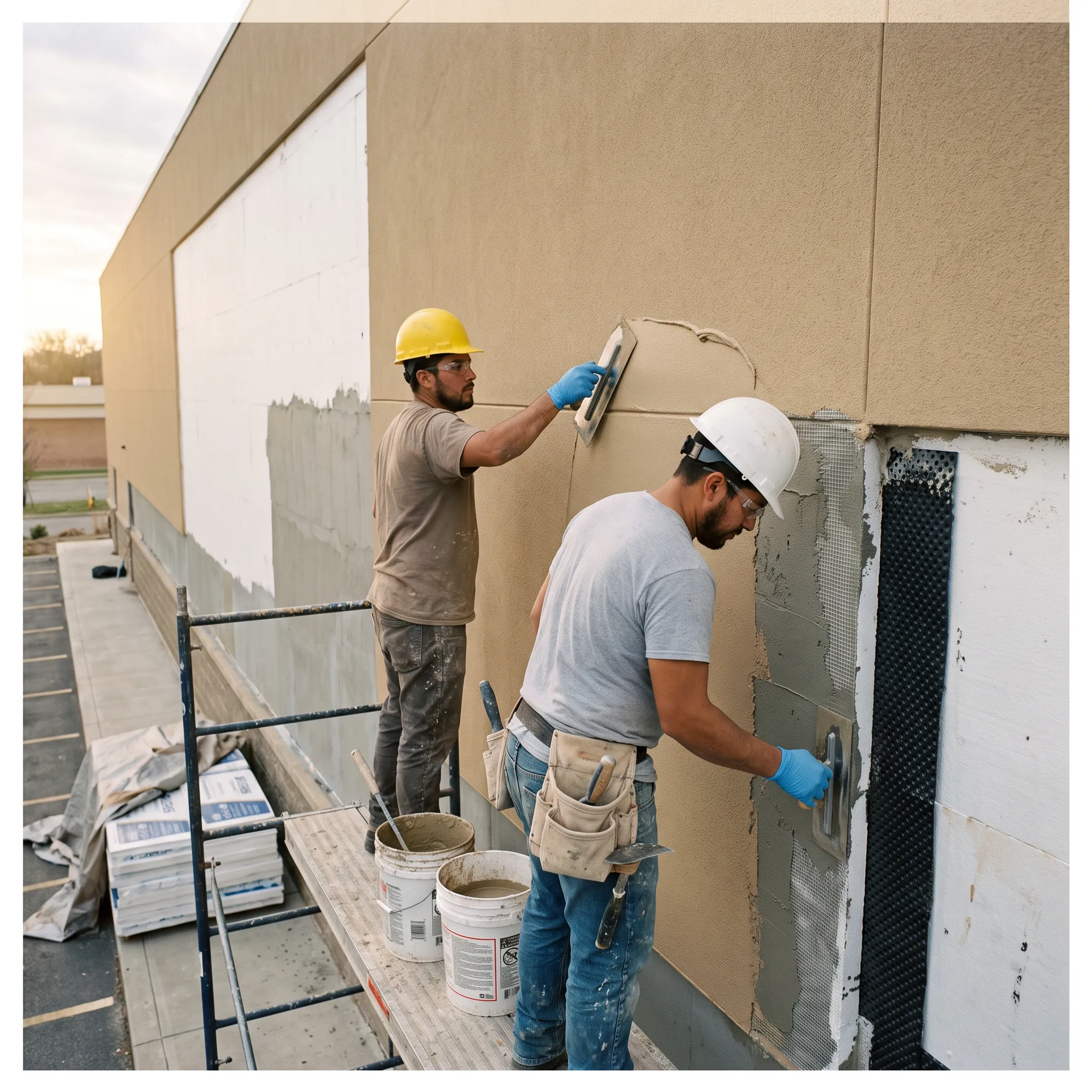 Senergy EIFS layers being installed on a commercial exterior wall