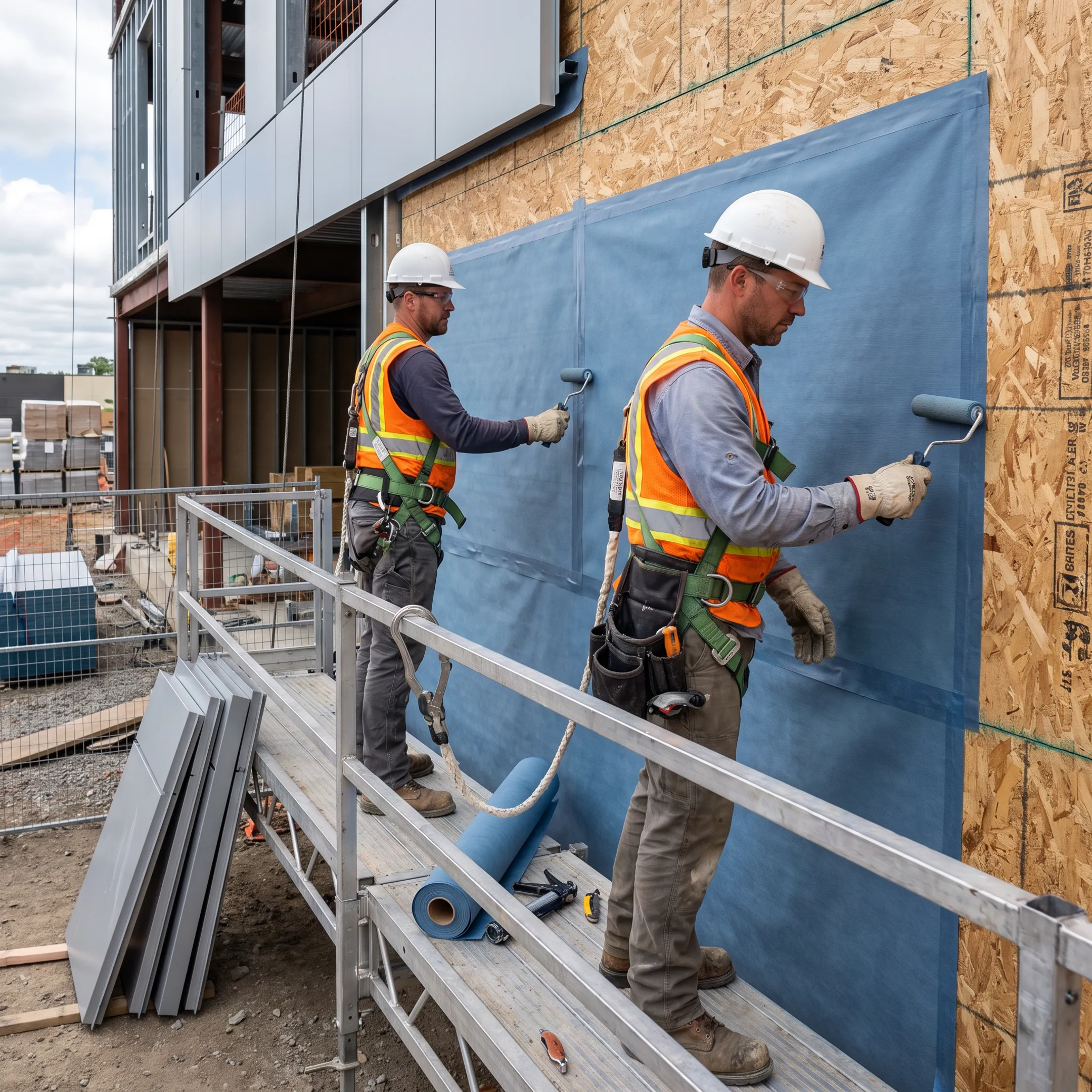 Workers applying protective wall wrap beneath commercial exterior panels