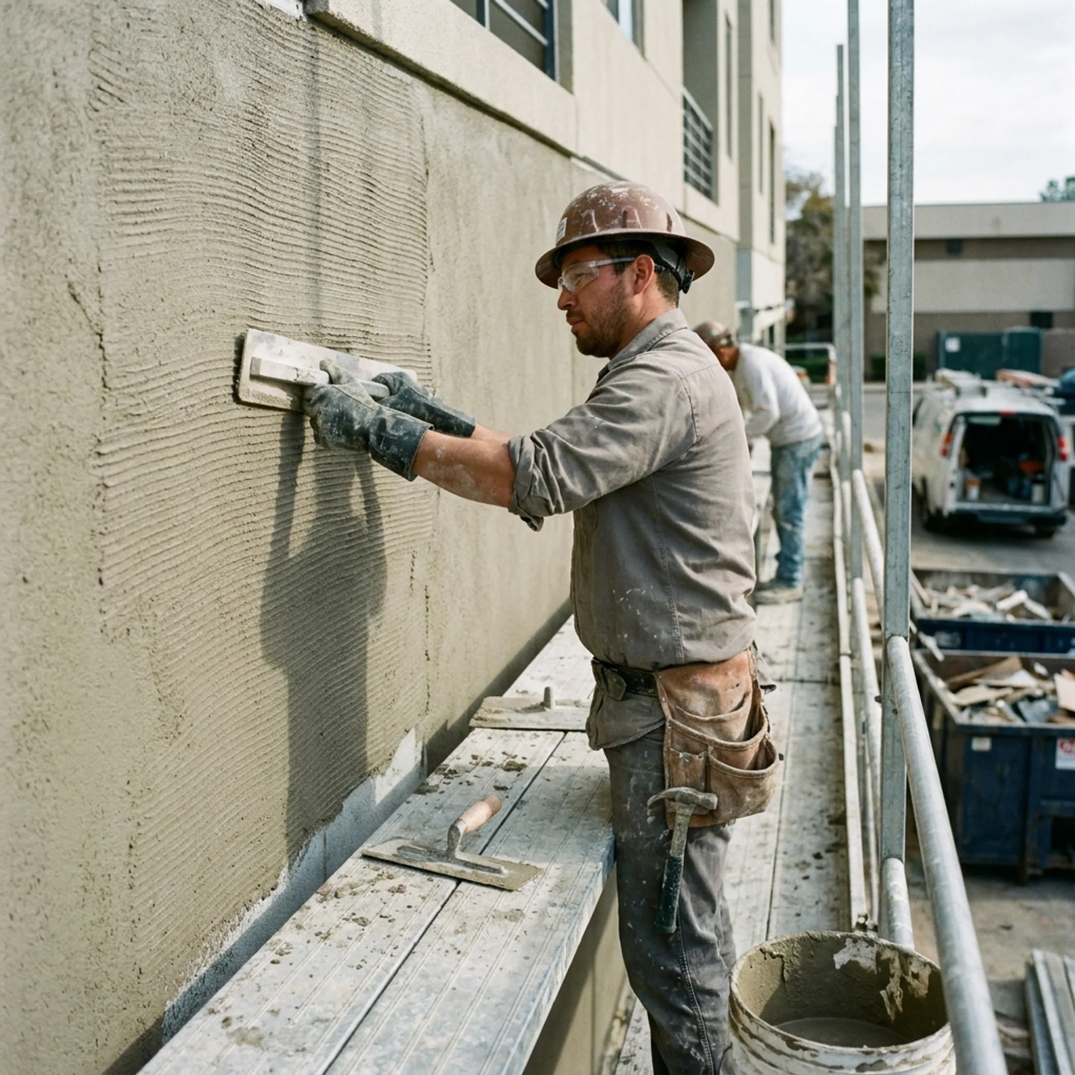 Worker applying a raked texture to a commercial stucco wall