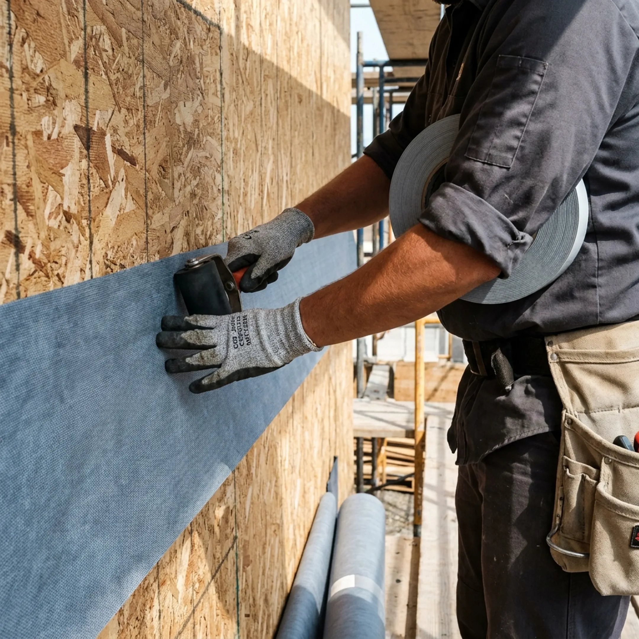 Installer applying membrane barrier across a commercial building wall
