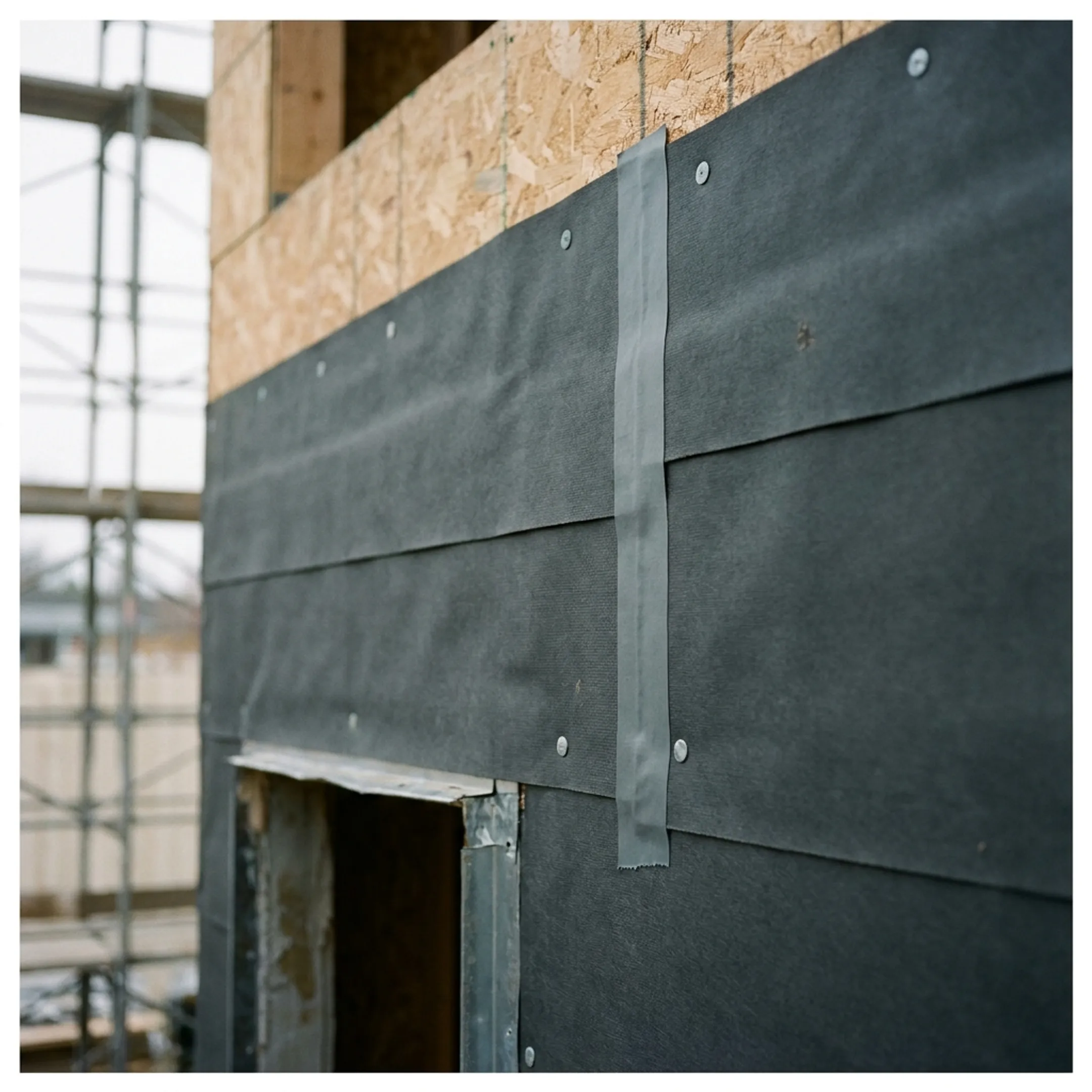 Self-adhered weather barrier membrane installed behind commercial exterior cladding