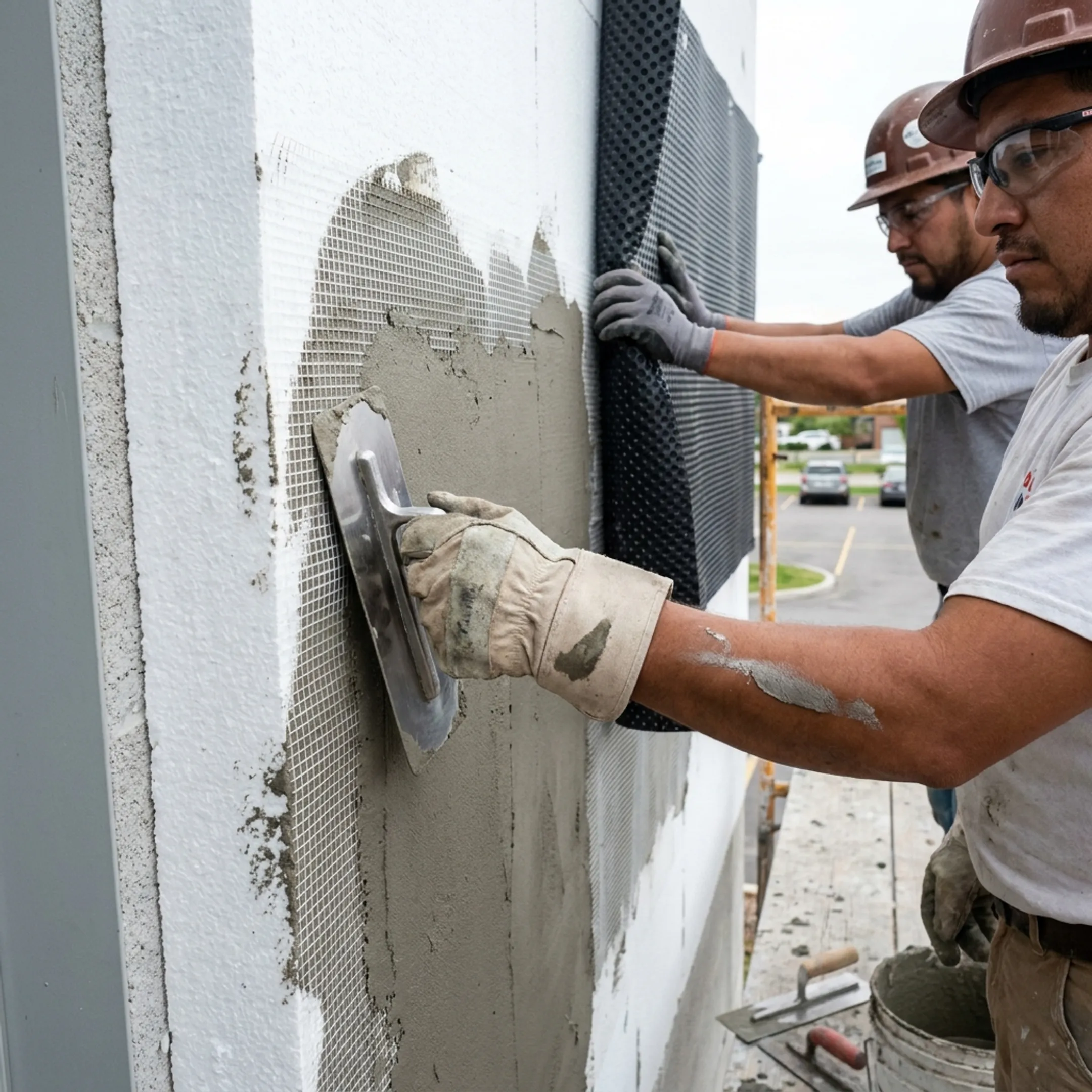EPS insulation and EIFS finish being installed on a commercial building