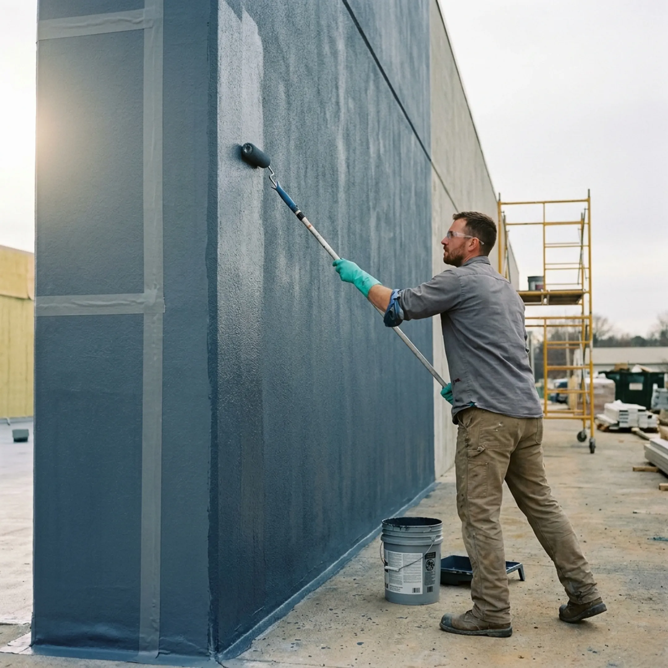 Installer applying air and weather barrier to an exterior wall