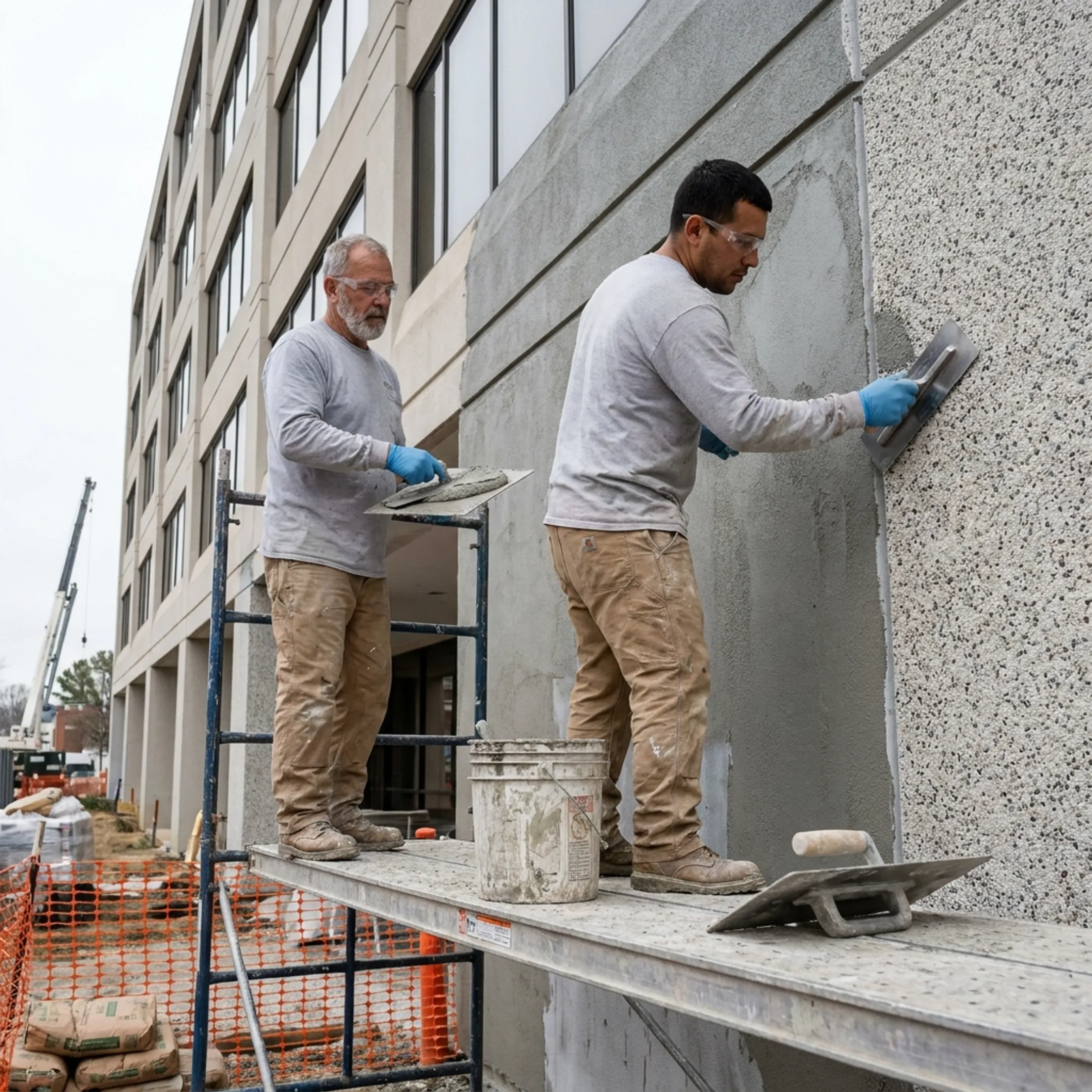 Specialty stucco finish being applied to an exterior building facade