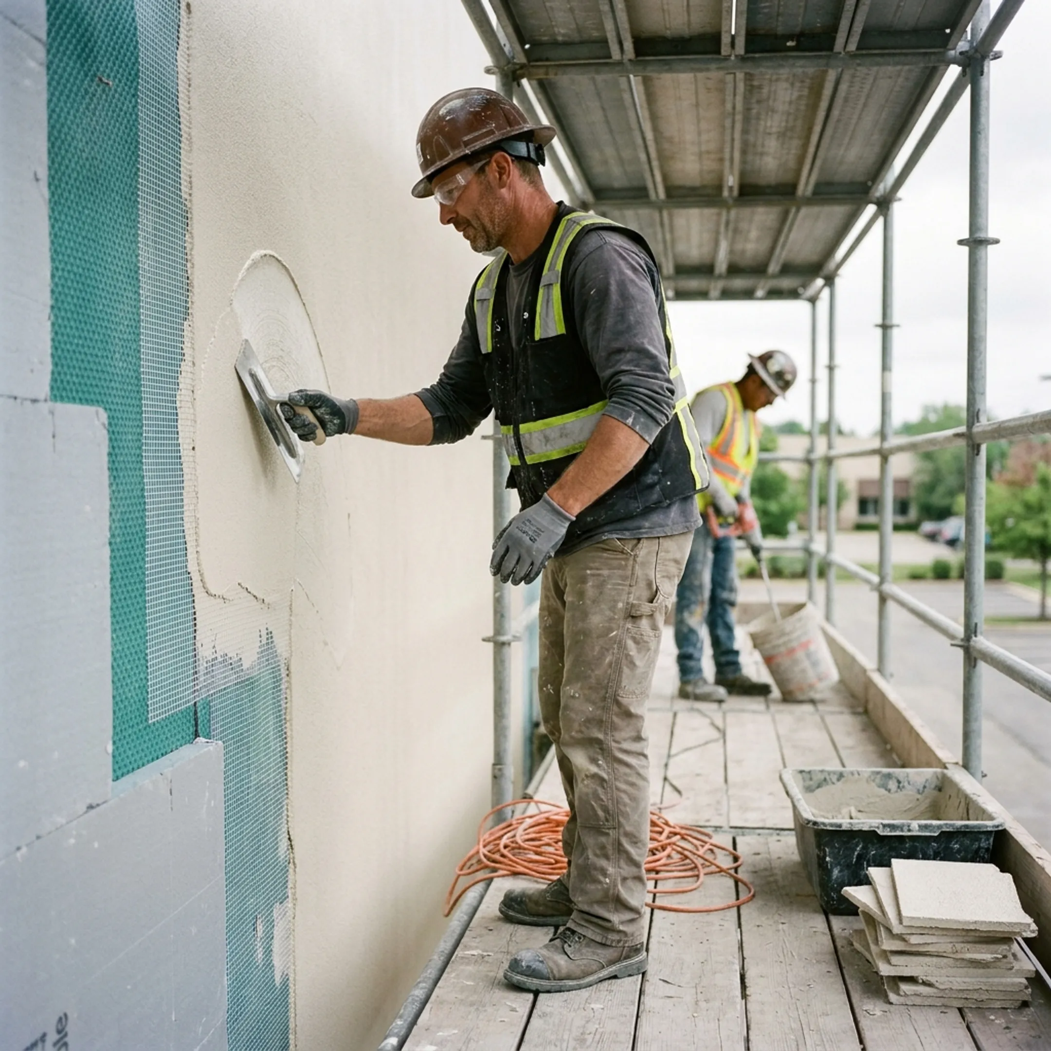 EIFS wall system installation on a commercial building