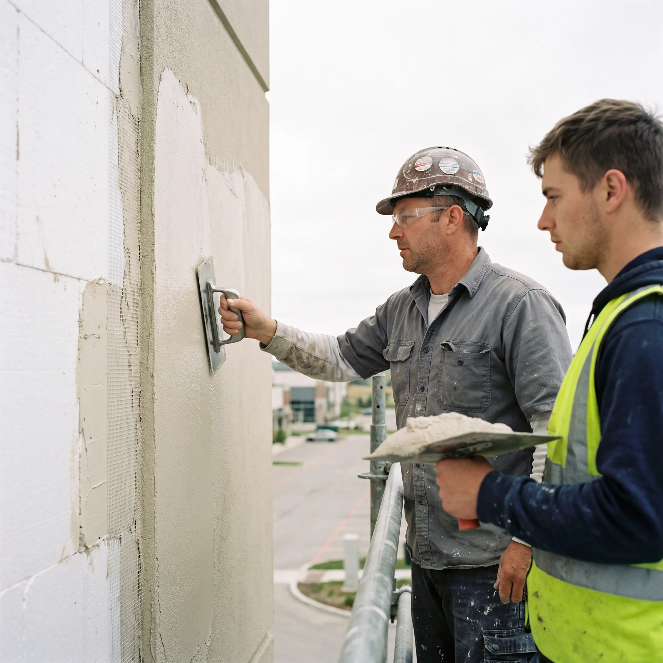 EIFS exterior wall assembly being installed on a commercial building
