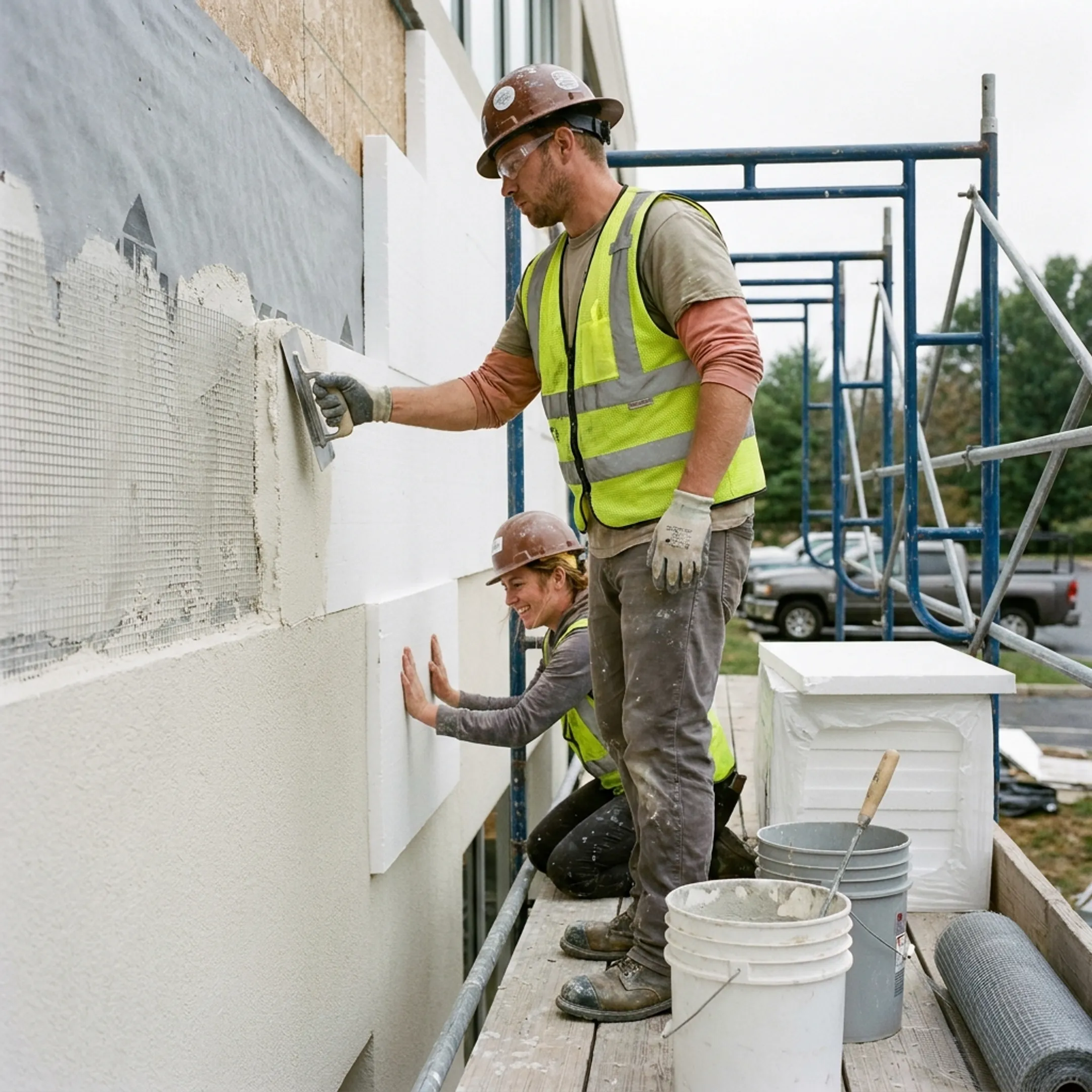 Workers applying EIFS and synthetic stucco finish