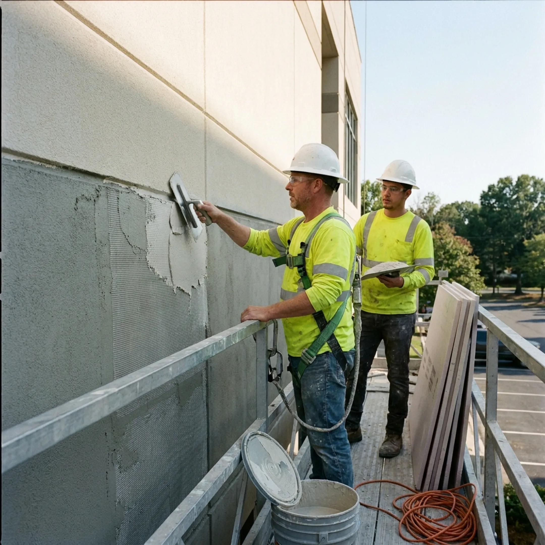 Commercial EIFS installation crew working on an exterior wall in Virginia