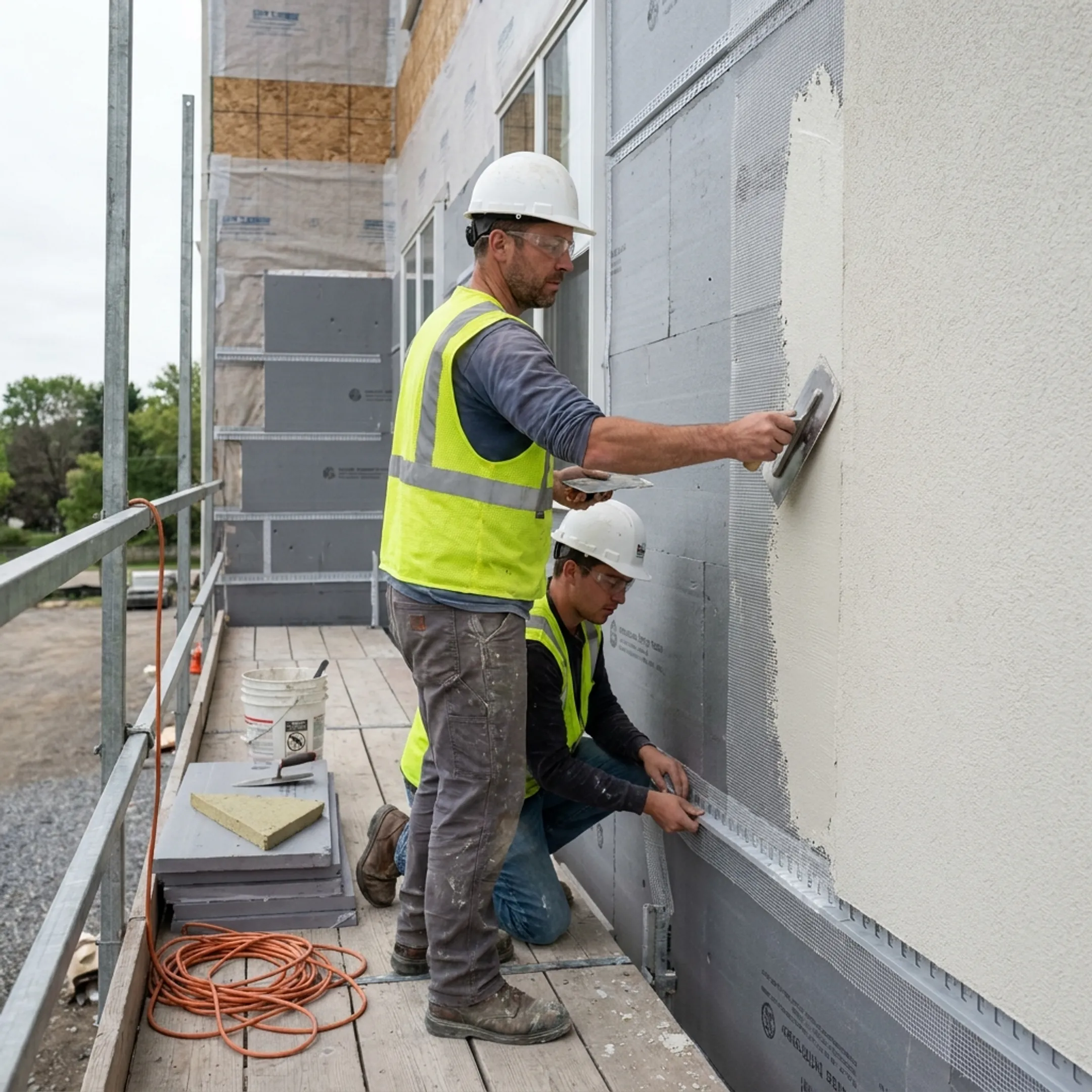 Workers applying EIFS layers to a commercial exterior