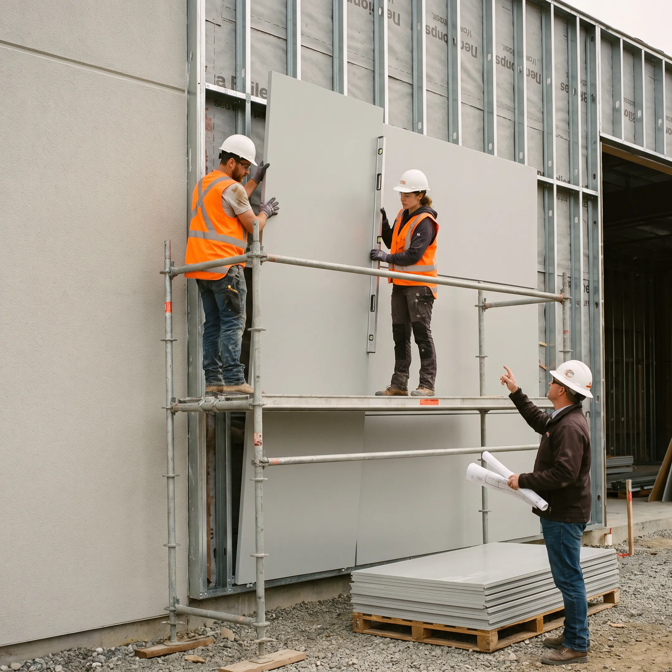 Commercial crew installing exterior wall systems on a building