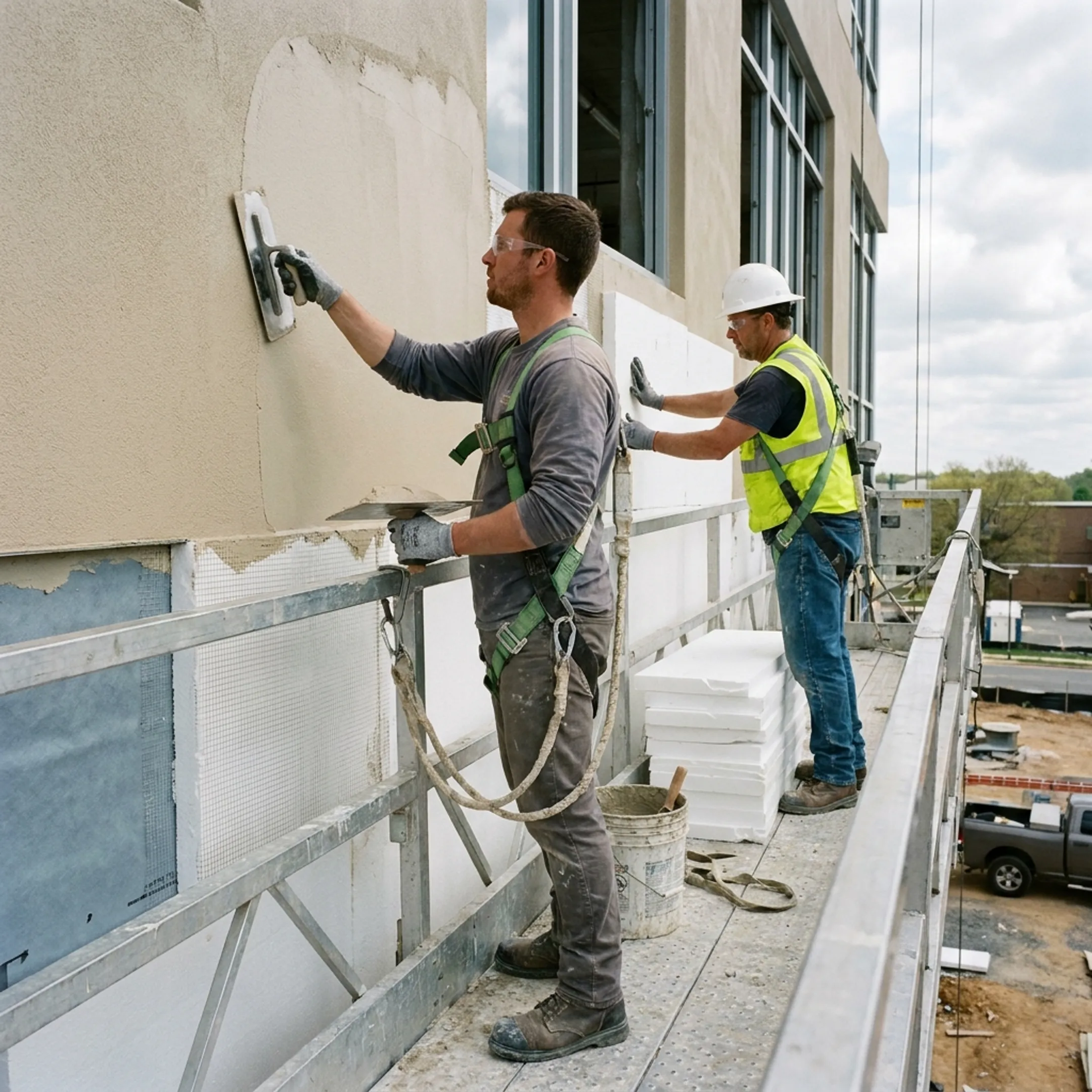 Commercial EIFS installation crew applying an exterior insulation and finish system
