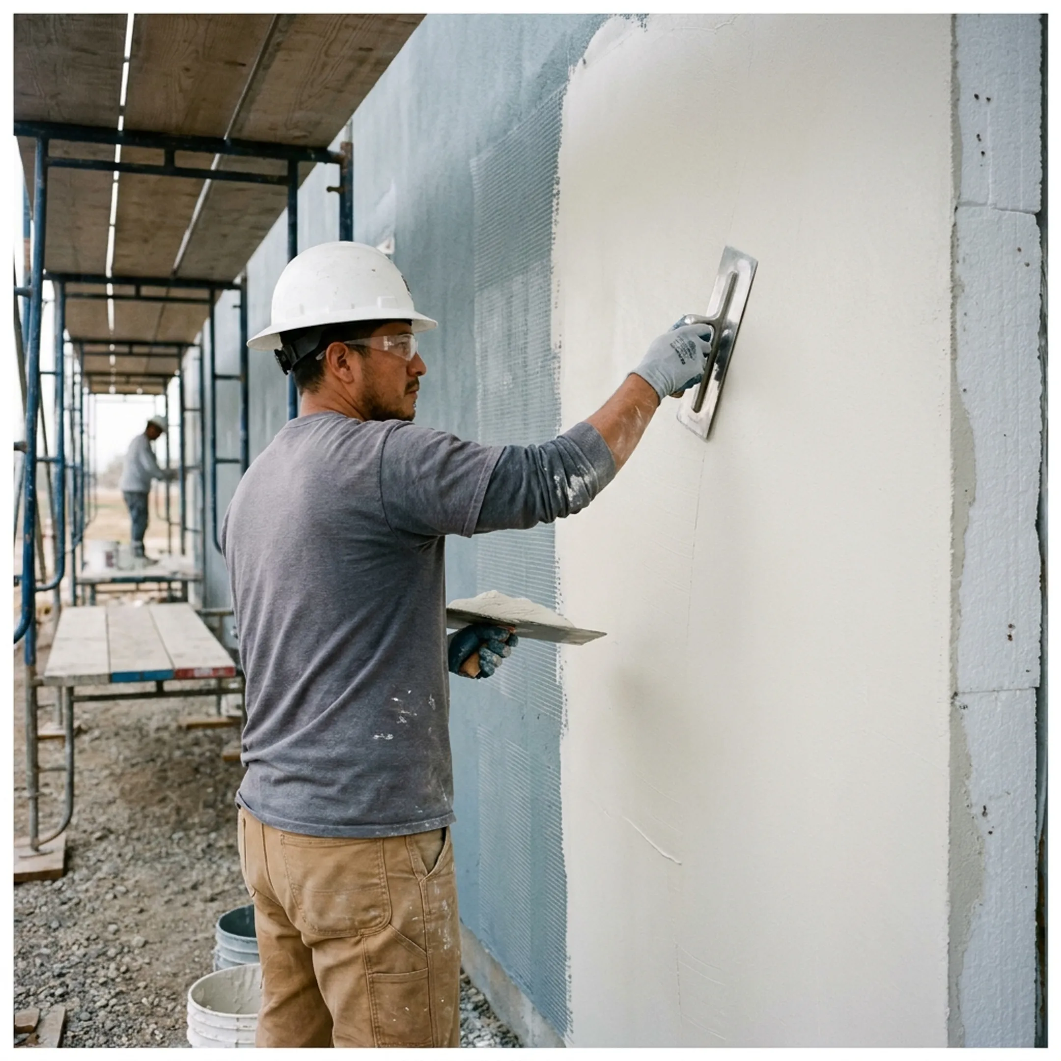 EIFS installer applying a synthetic stucco finish to a commercial exterior