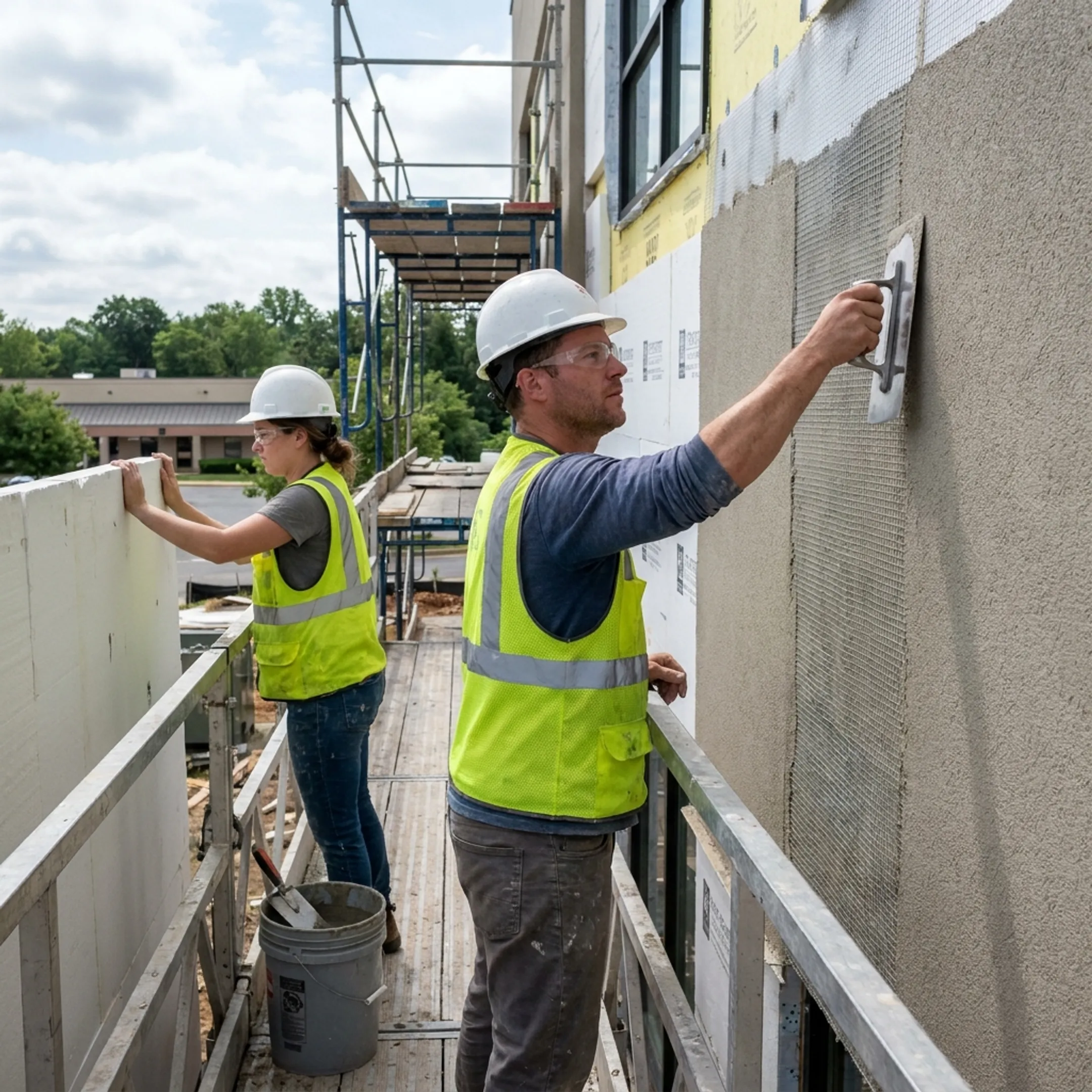 Commercial EIFS installation on a modern building in Fairfax, Virginia