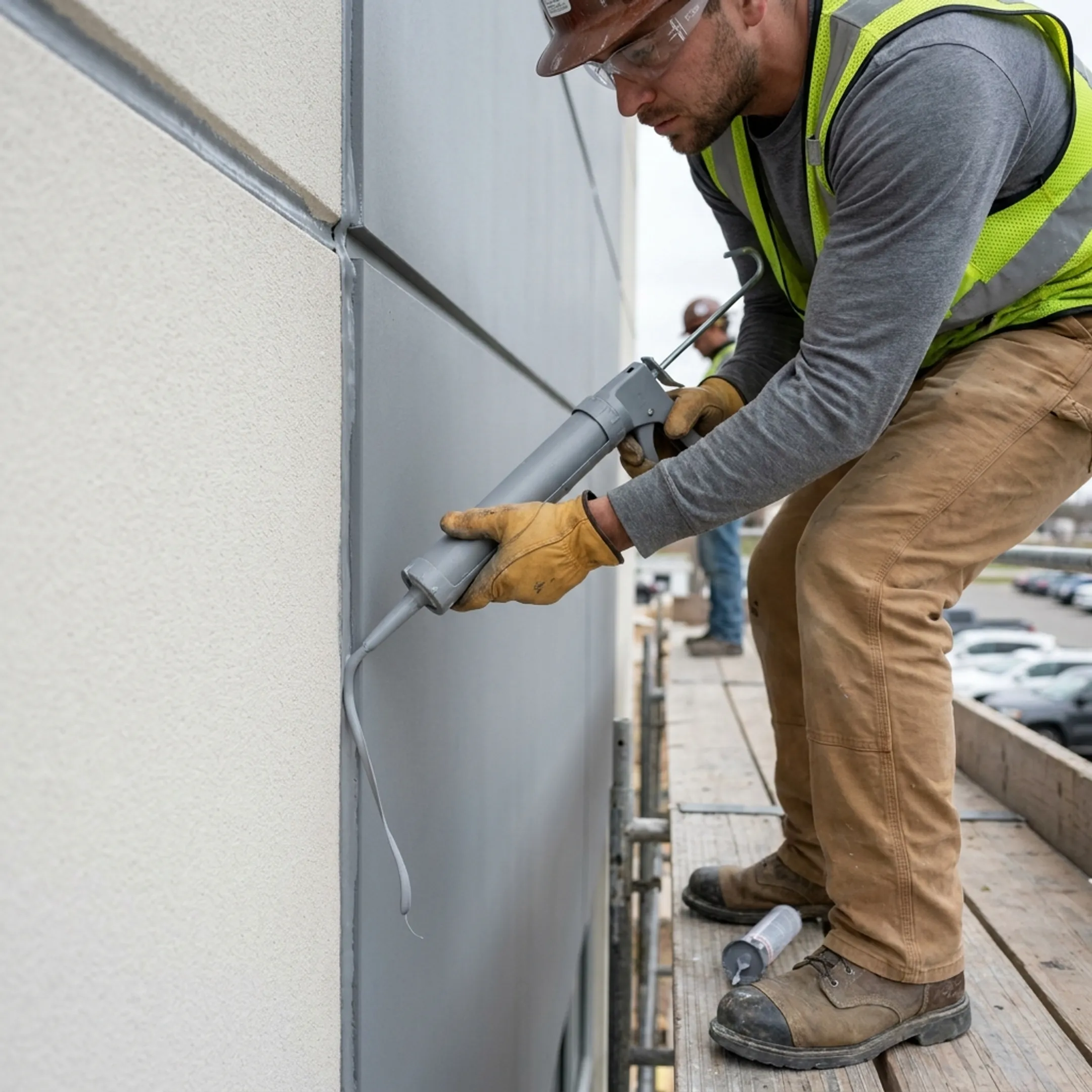 Worker sealing a commercial exterior wall joint