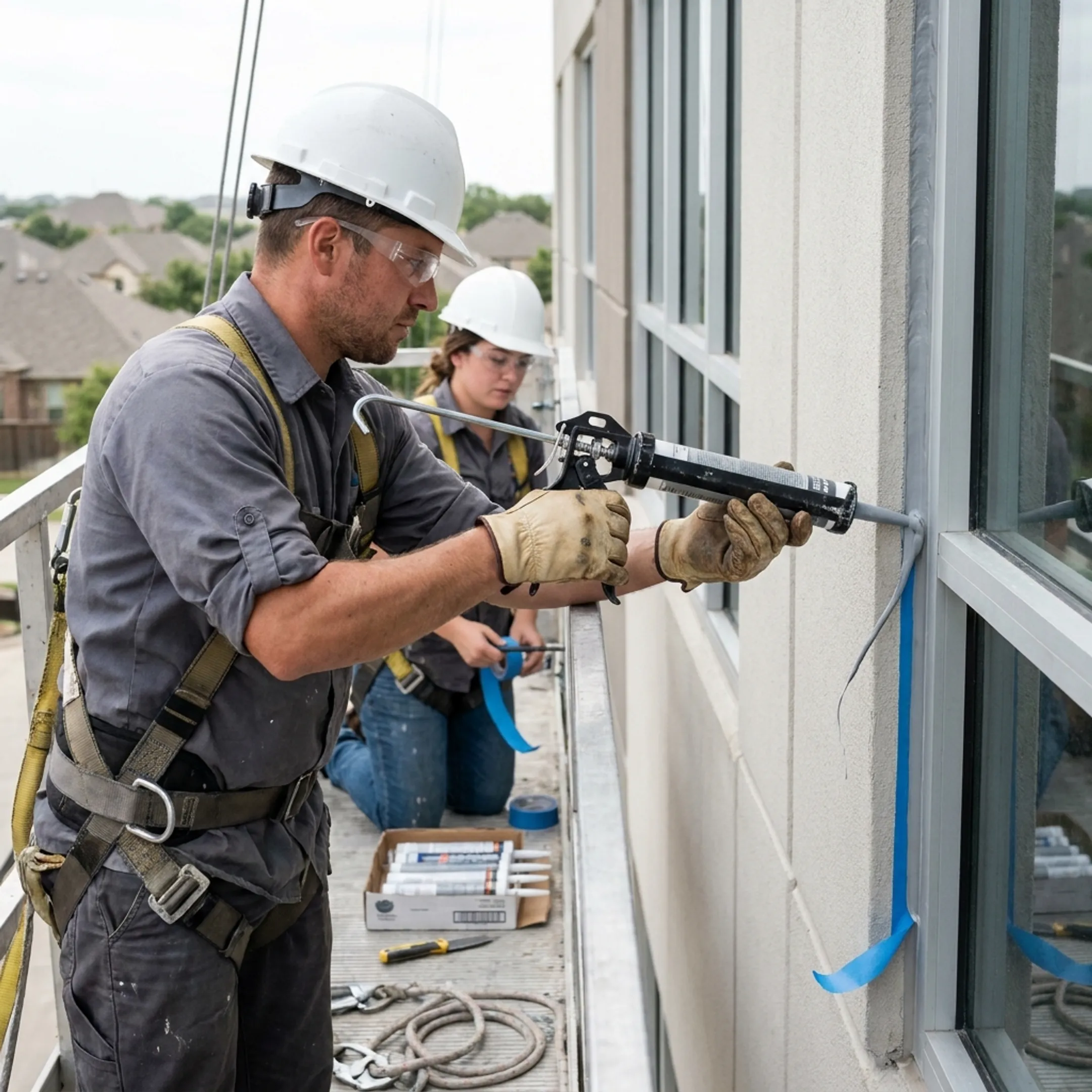 Commercial crew applying sealant along an exterior building joint