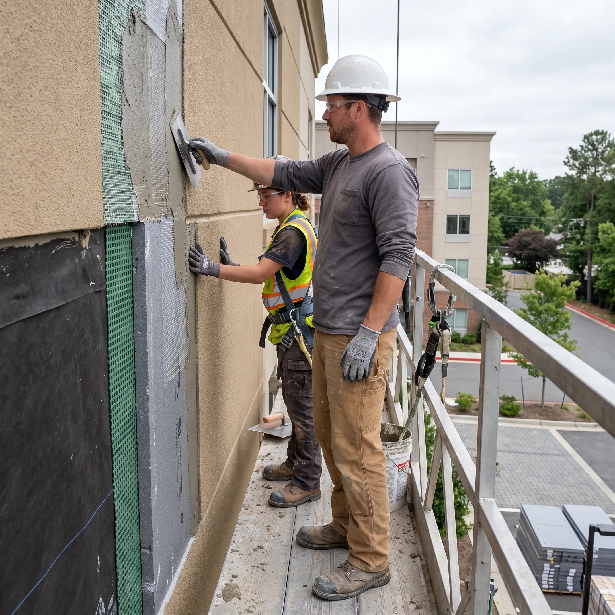 Workers applying EIFS insulation and synthetic stucco finish to a commercial facade