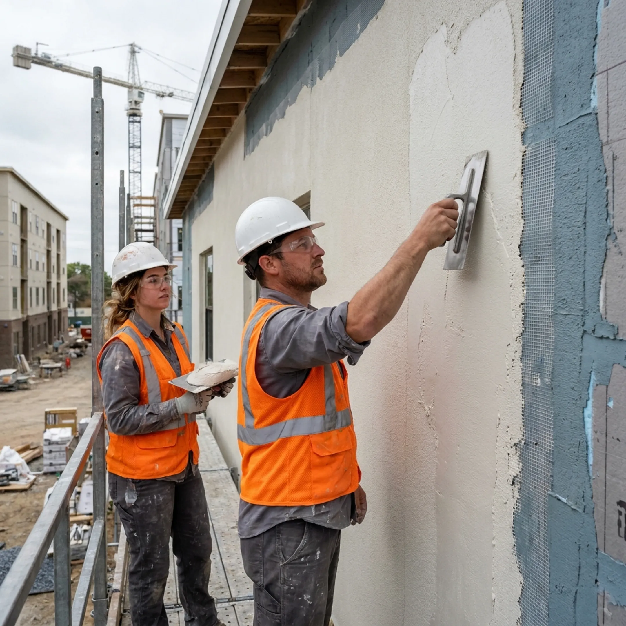 EIFS crew applying a synthetic stucco finish to a commercial exterior
