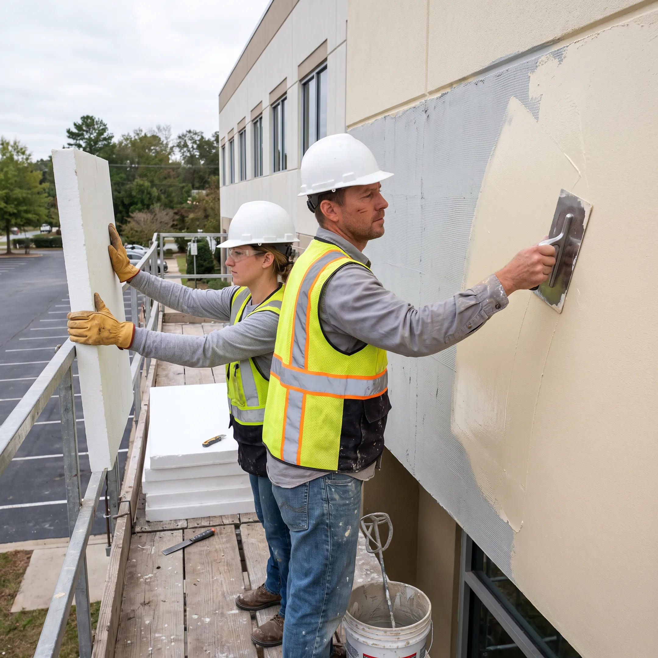 Commercial building with EIFS exterior wall installation in progress