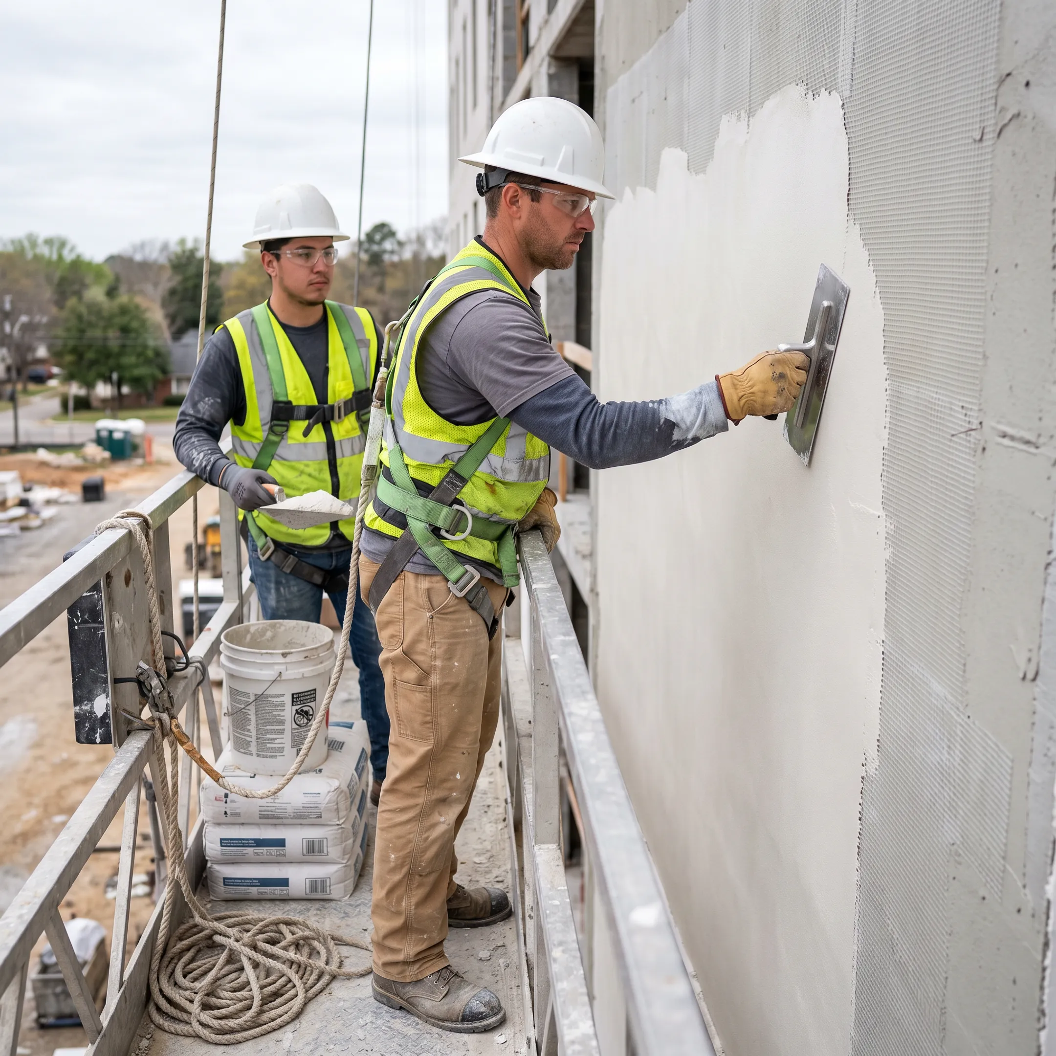 EIFS crew applying synthetic stucco finish to a commercial exterior