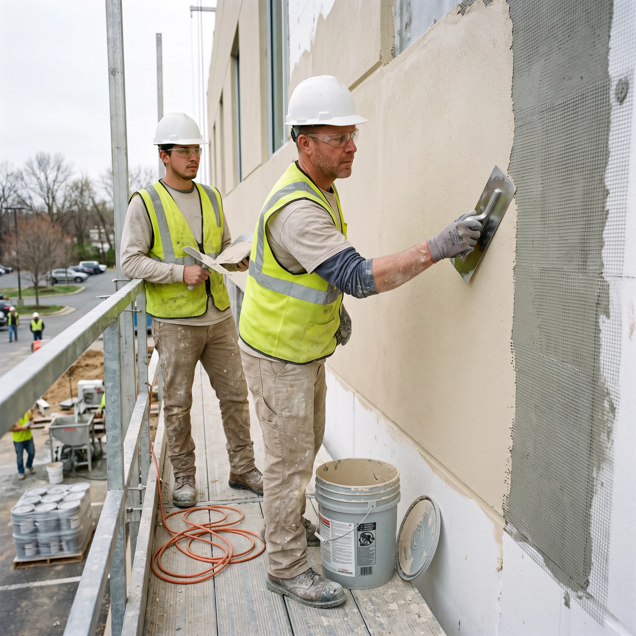 EIFS contractor applying a synthetic stucco finish to a commercial exterior