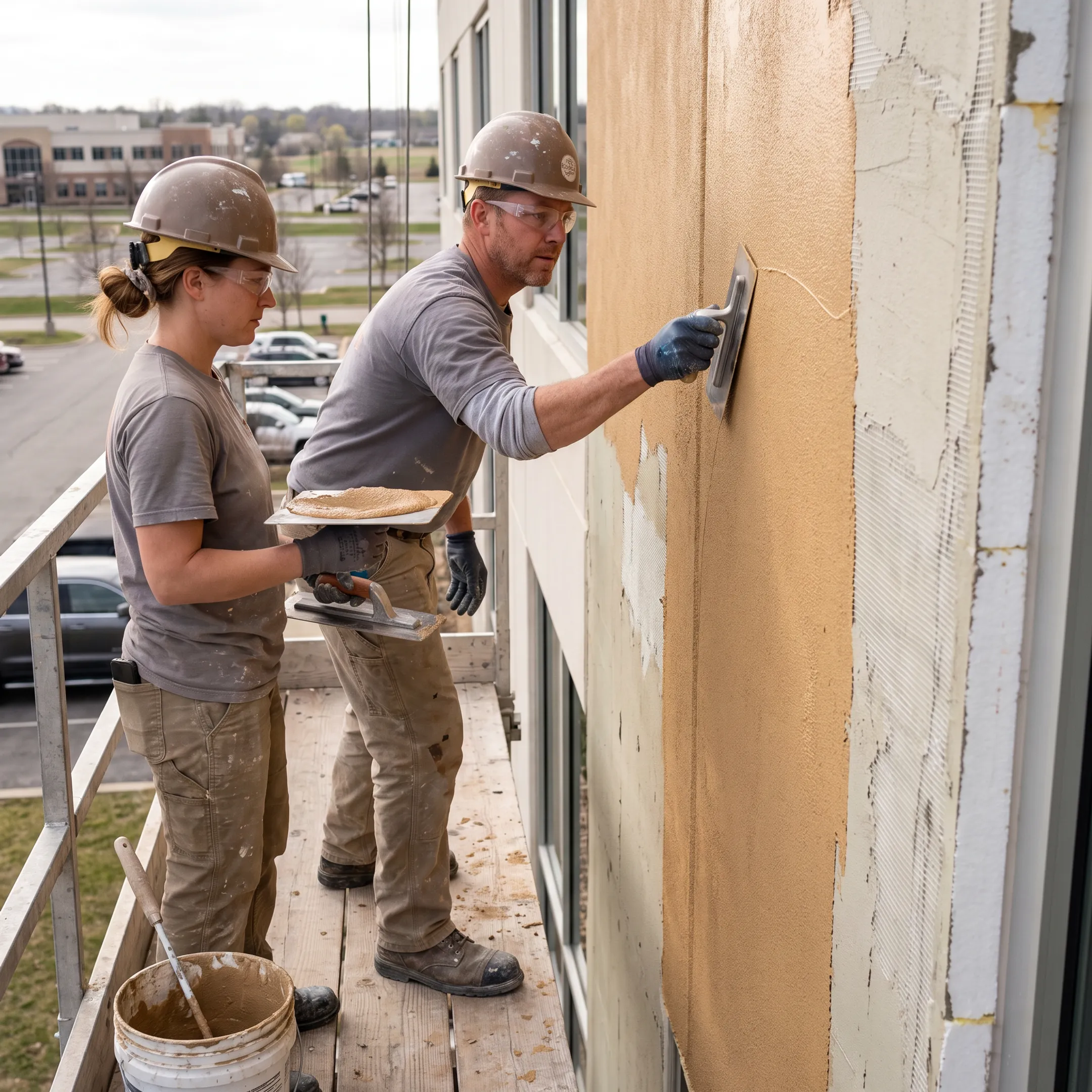 EIFS crew applying a synthetic stucco finish to a commercial wall
