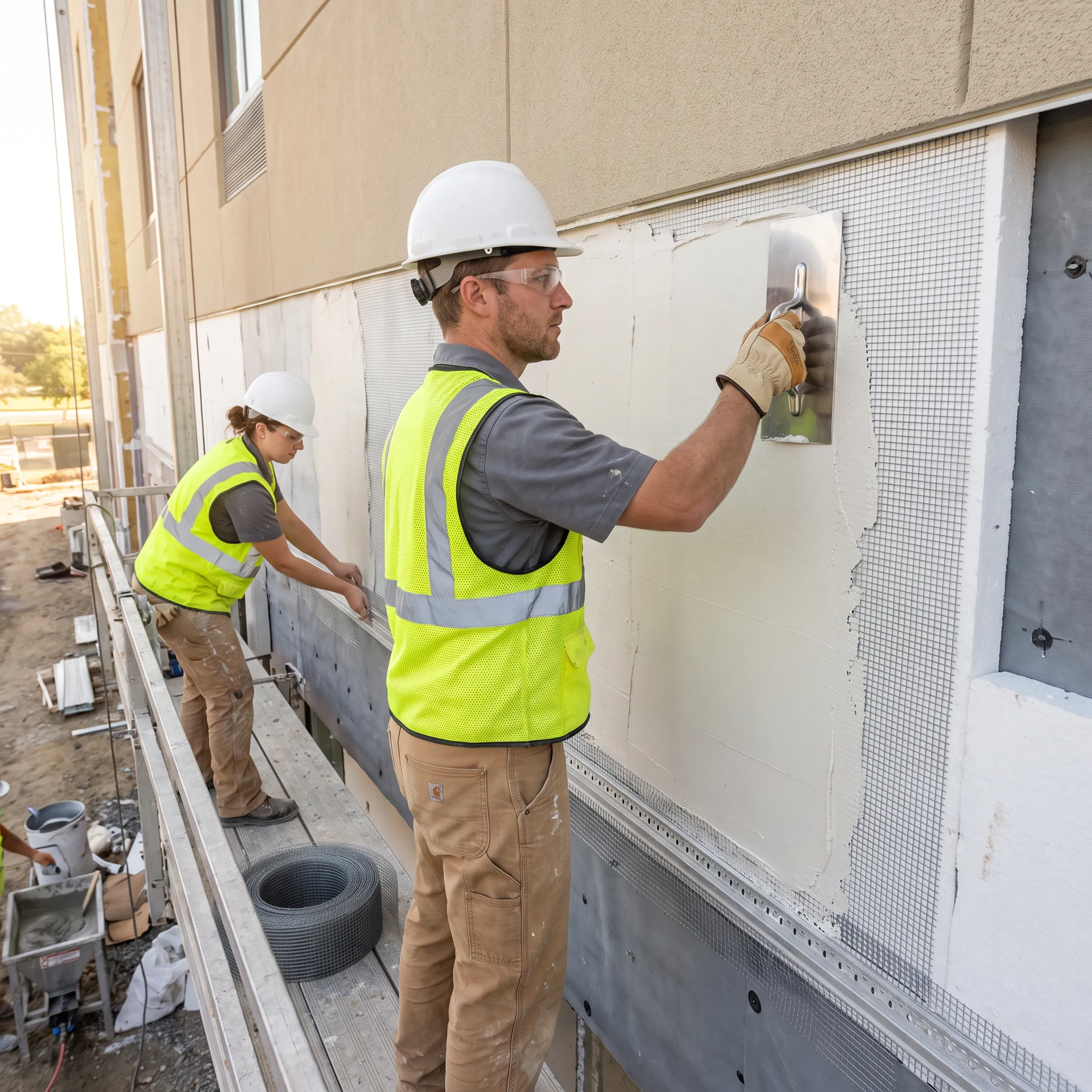 EIFS wall assembly installation by a commercial construction crew
