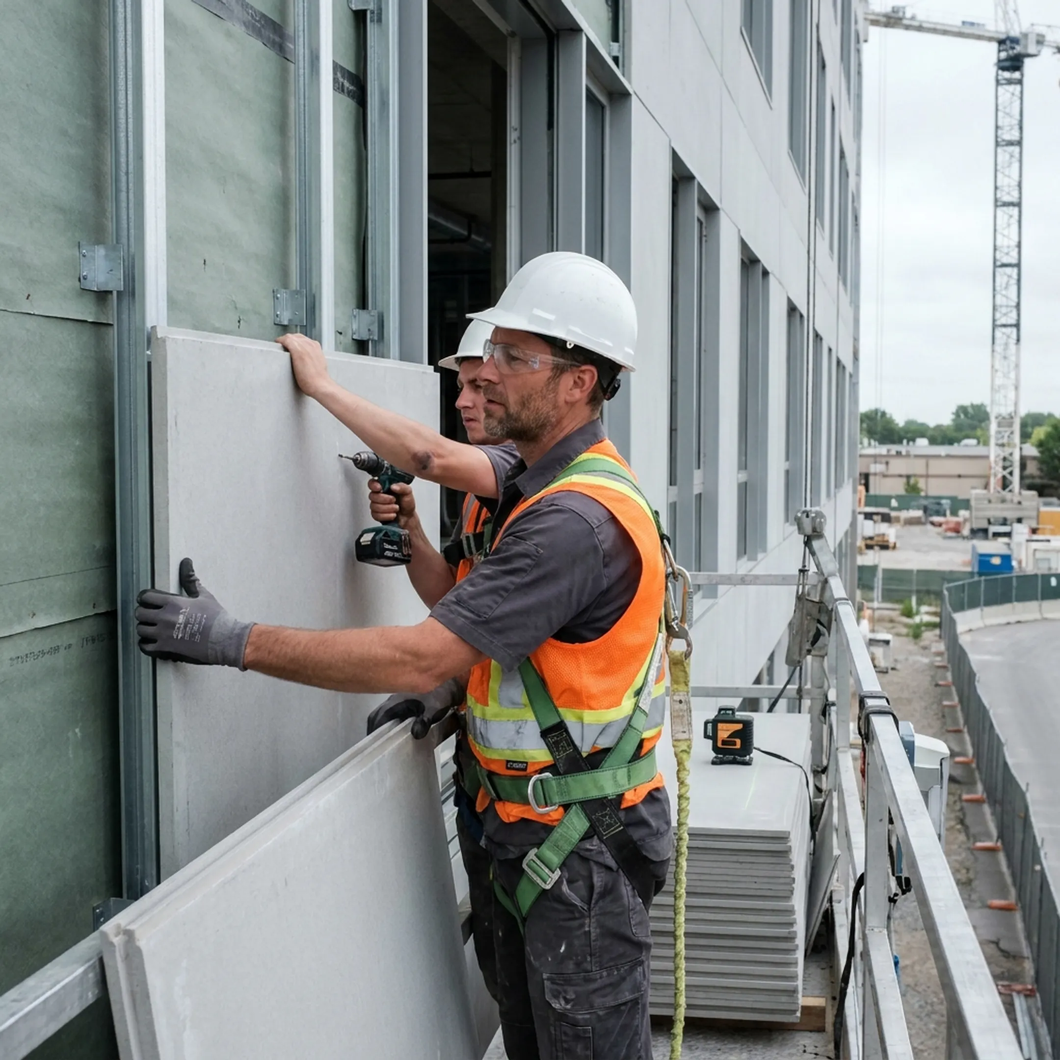 Commercial building exterior with fiber cement panels being installed by construction crews