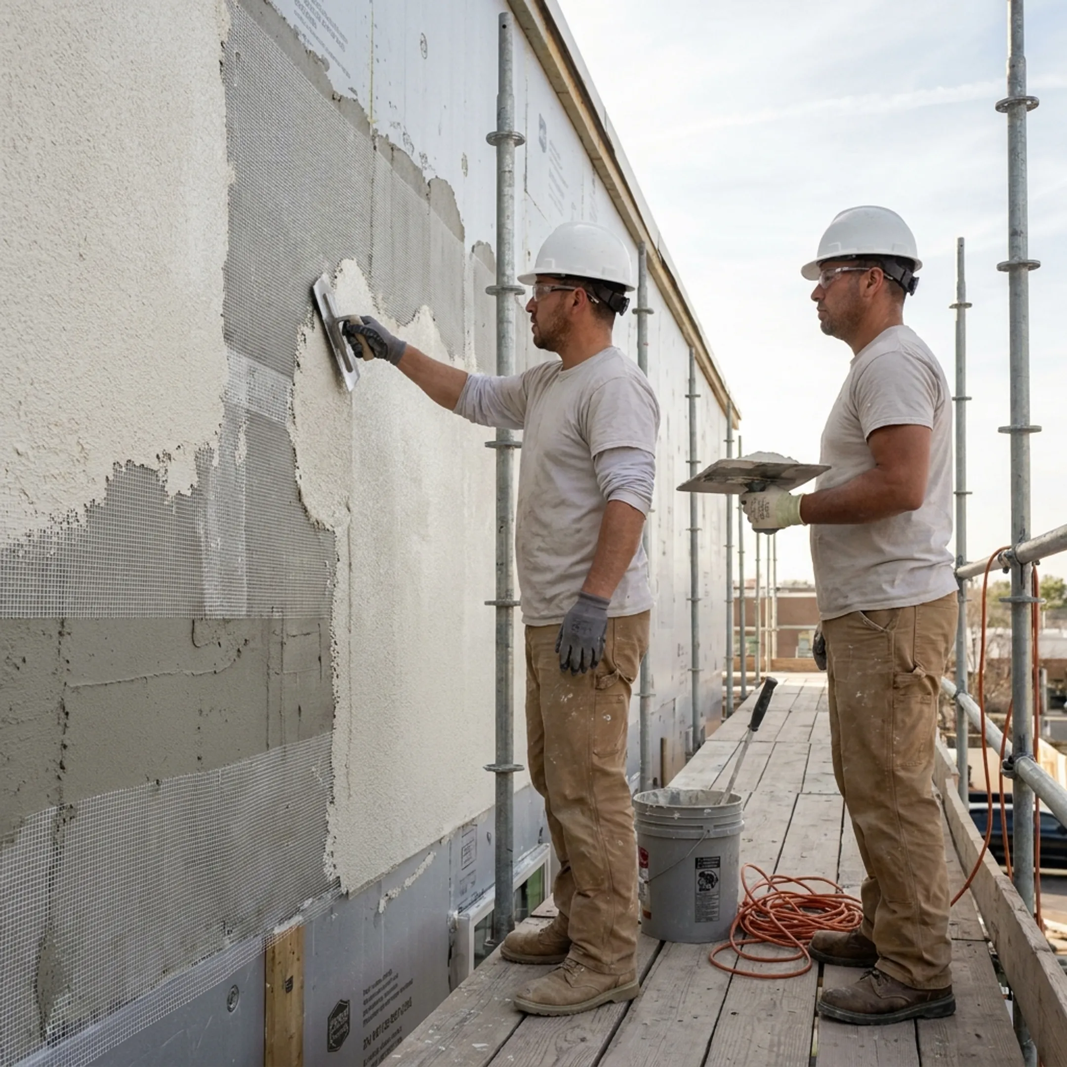 EIFS wall assembly installation on a commercial building exterior