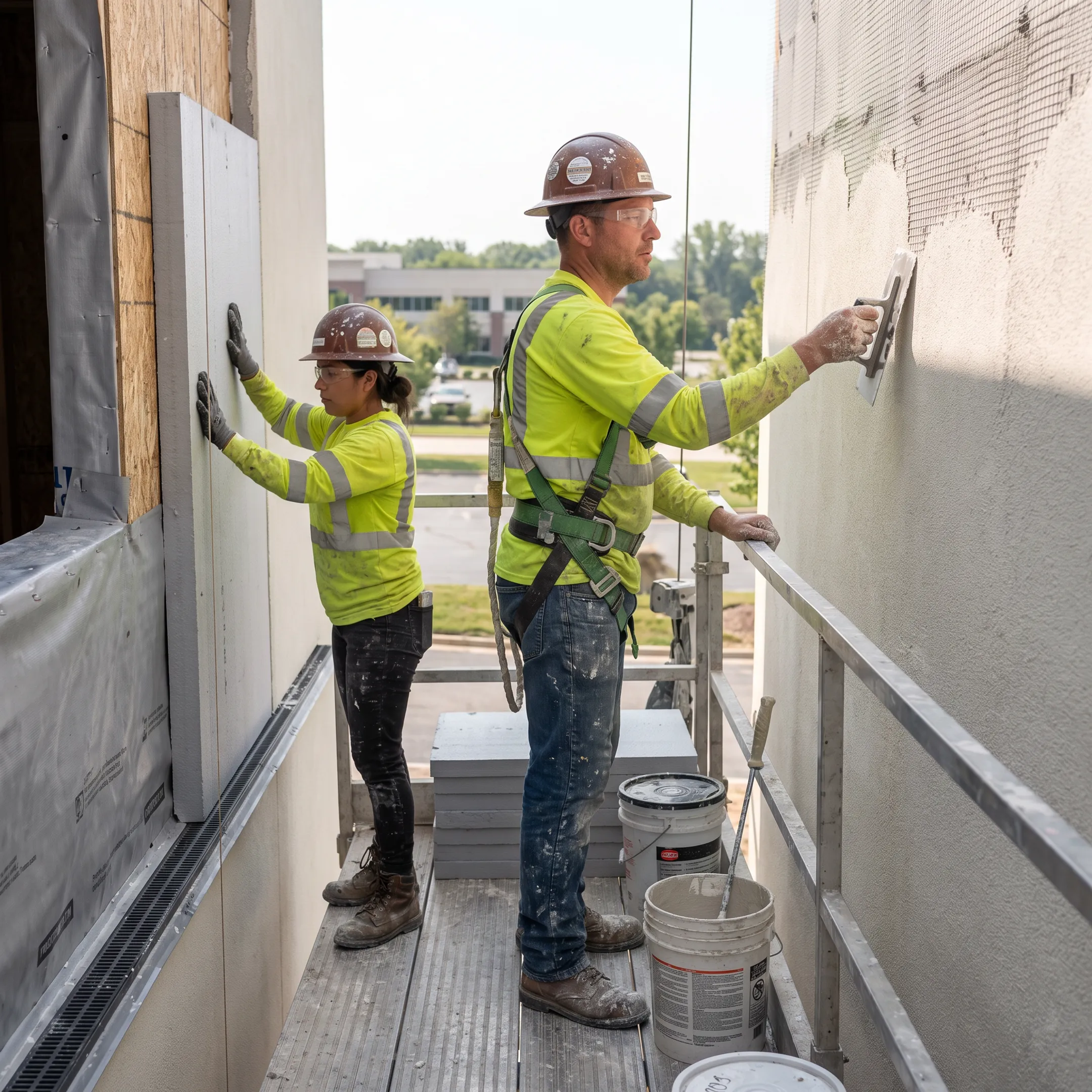 Certified EIFS installers applying exterior insulation and finish system to a commercial building