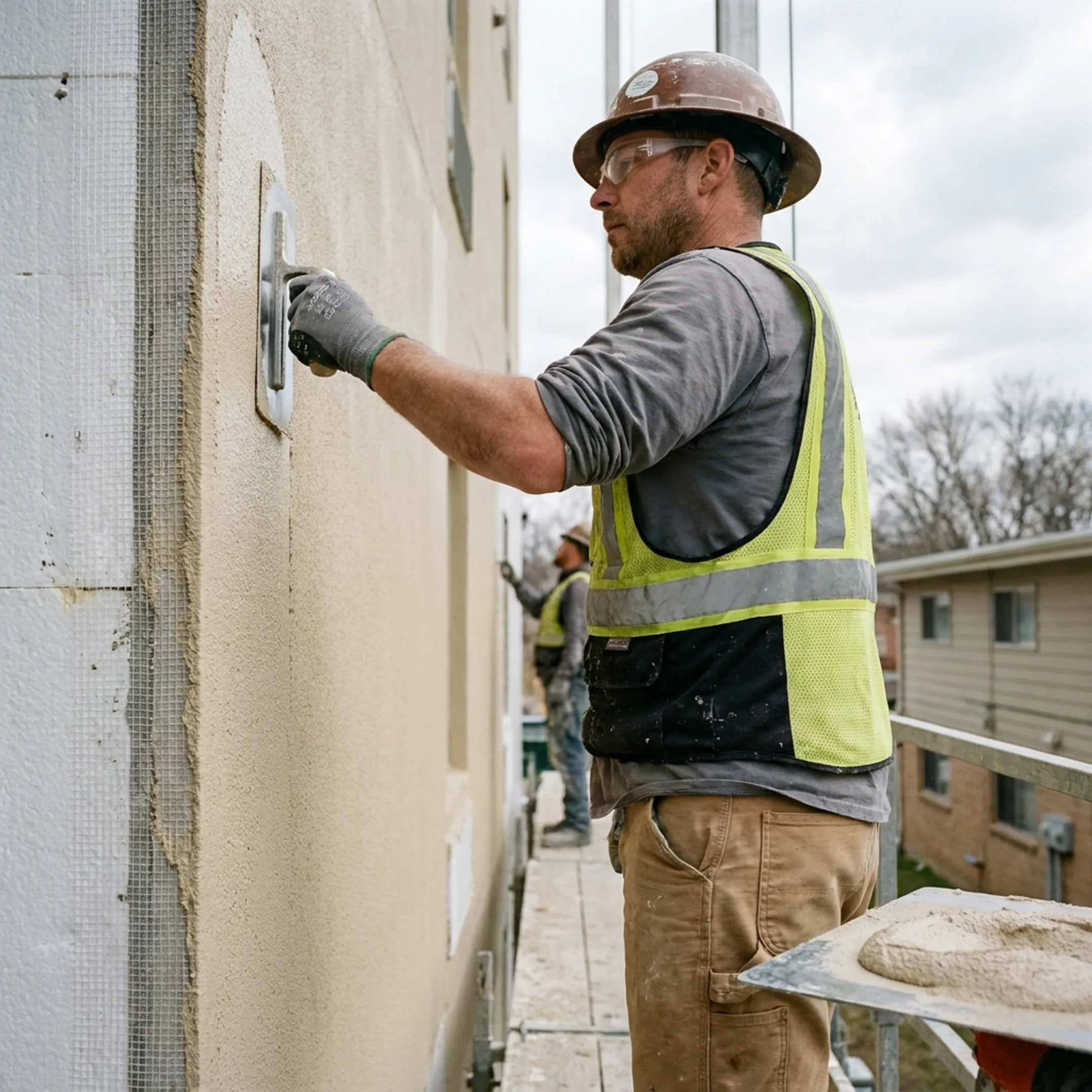 EIFS installer applying synthetic stucco finish to a commercial wall