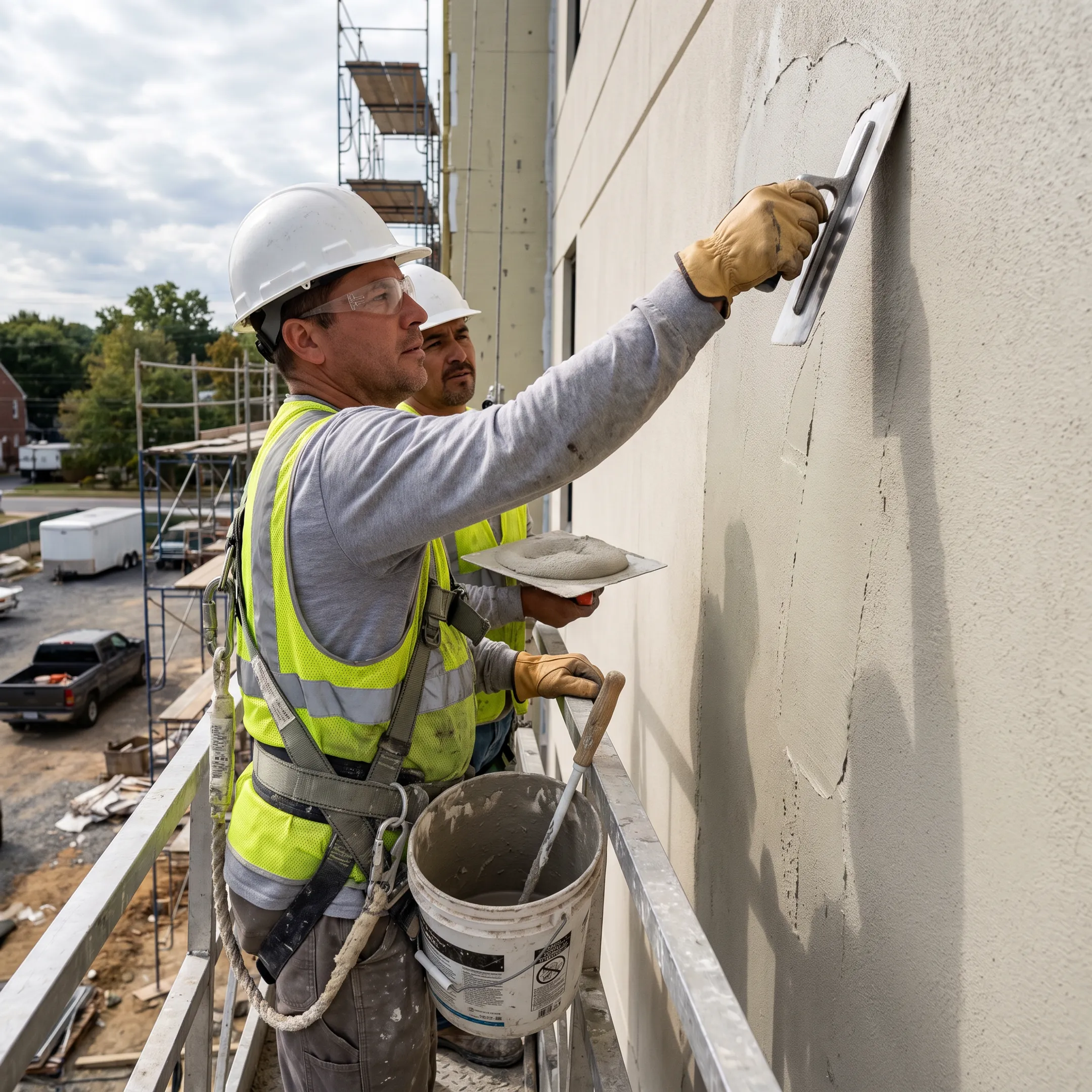 EIFS crew applying synthetic stucco finish to a commercial wall