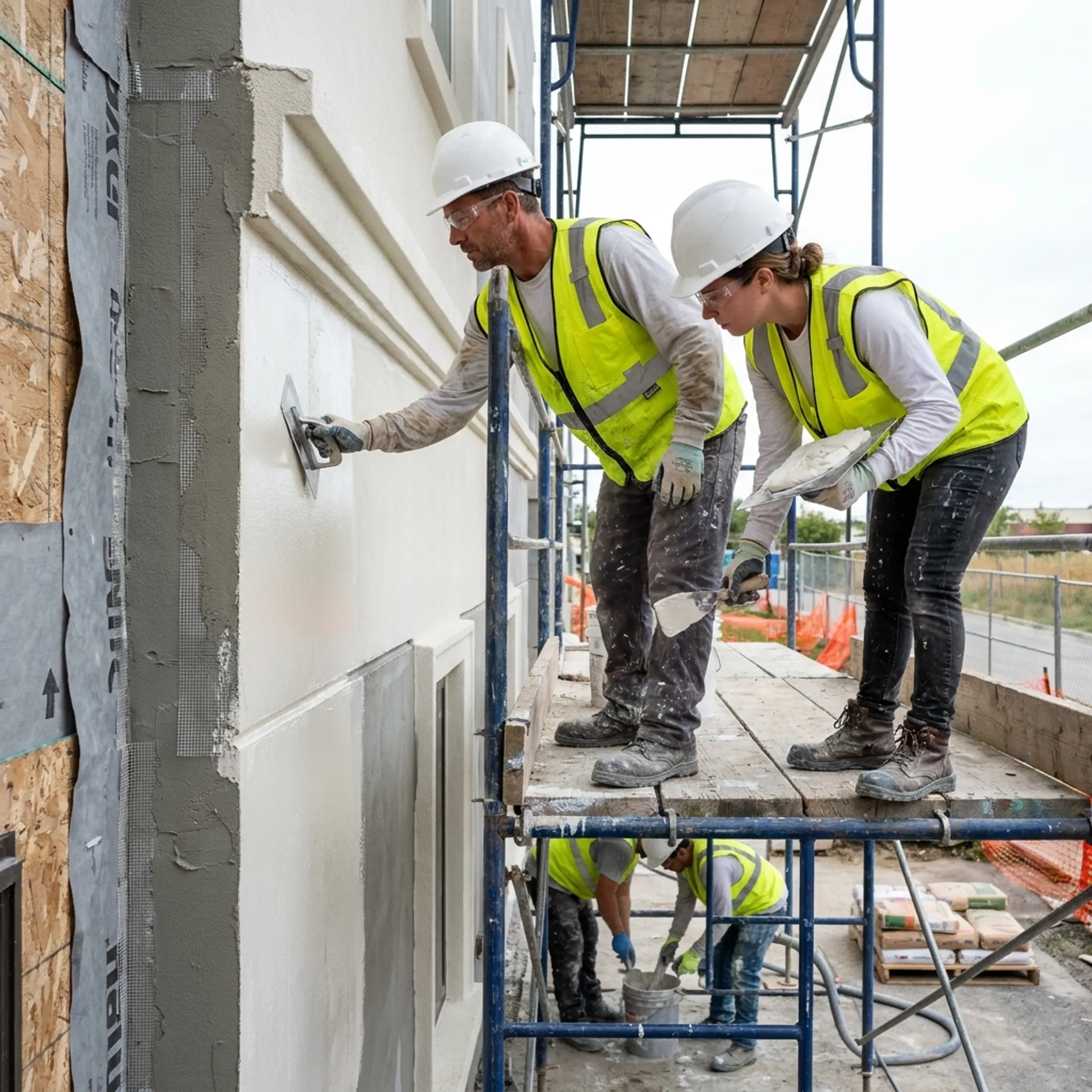 Commercial crew installing an exterior EIFS wall coating system