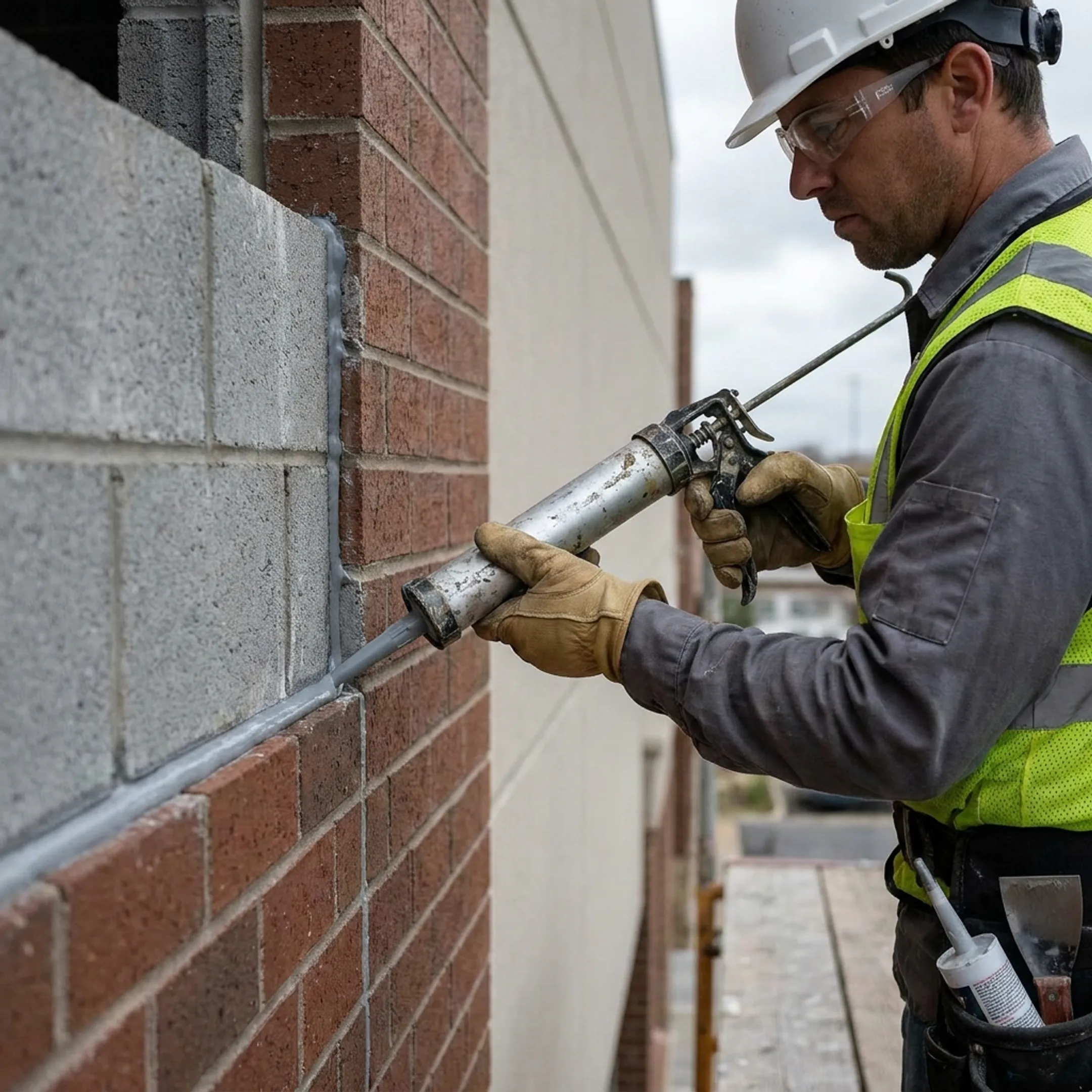 Worker sealing a masonry joint on a commercial building