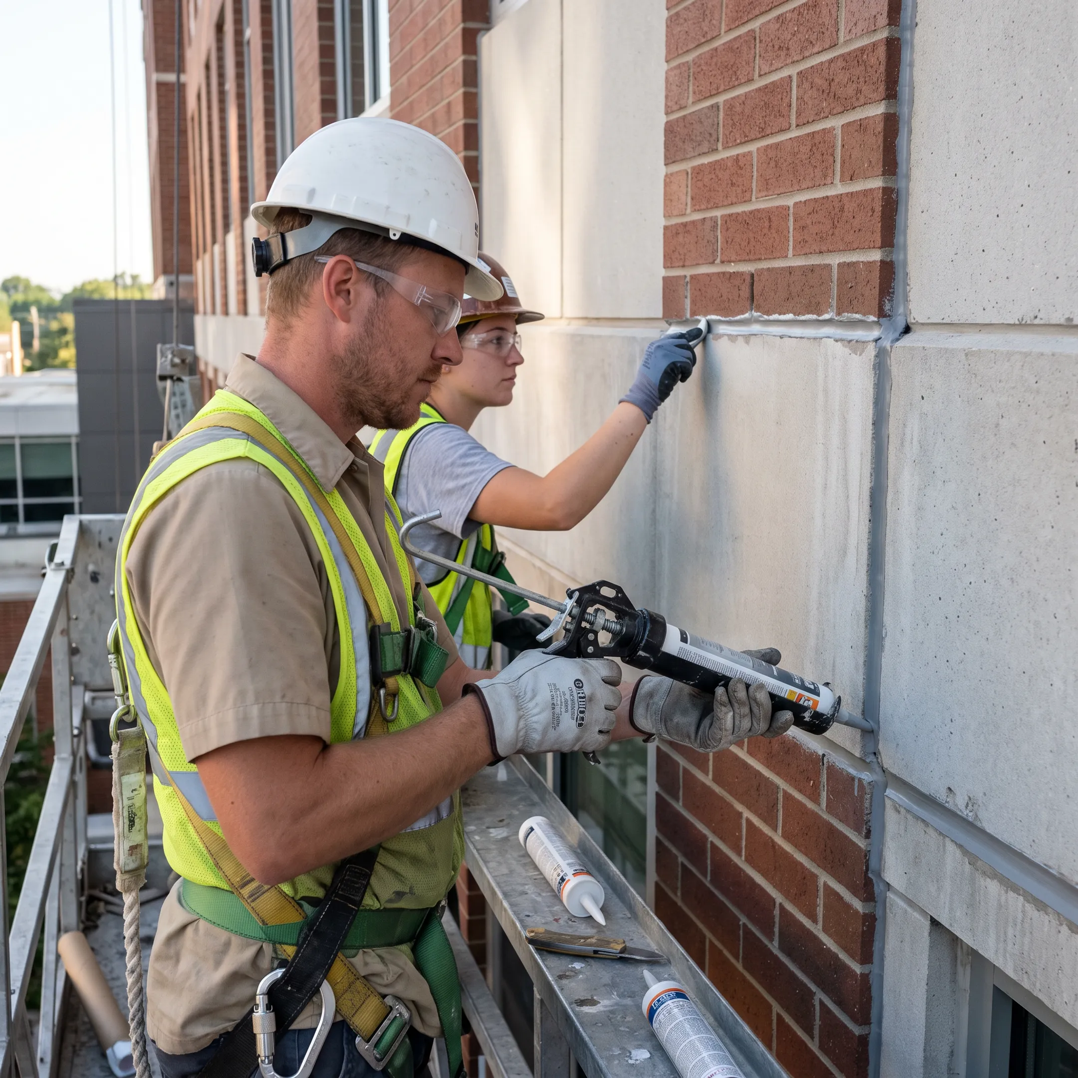 Commercial crew applying sealant to an exterior masonry joint