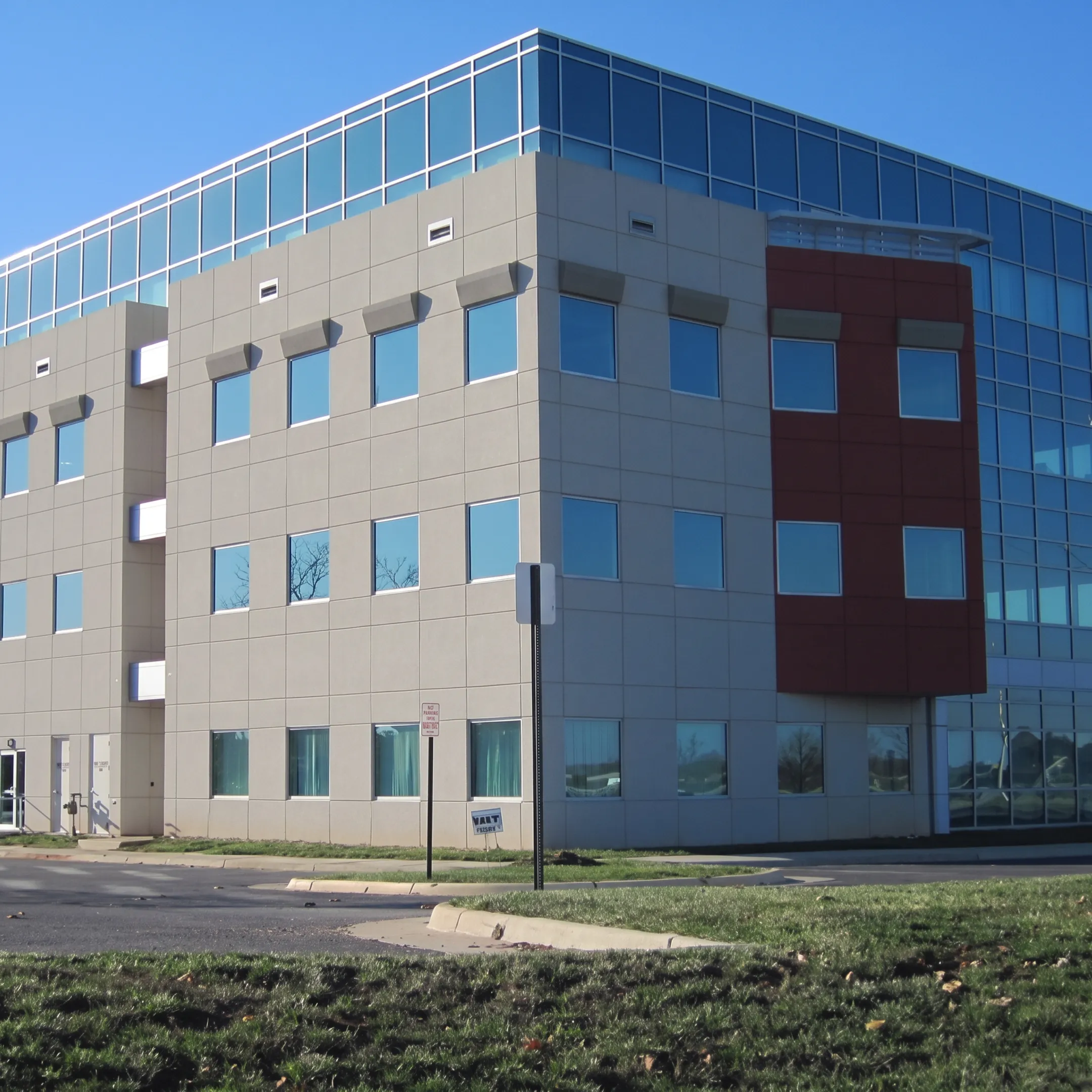 Completed commercial building with modern exterior wall cladding