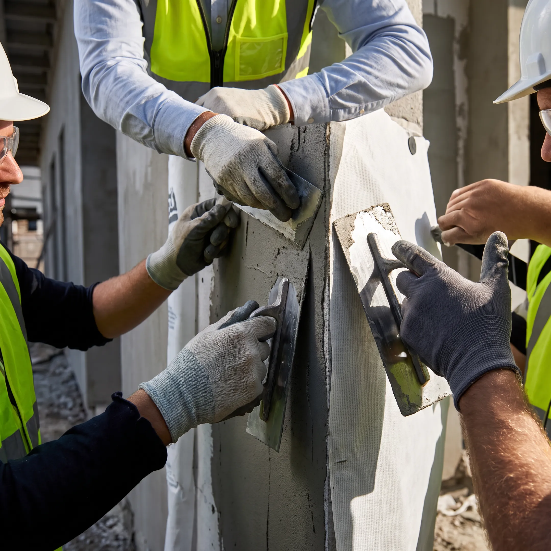 Workers applying an exterior wall system to a commercial building
