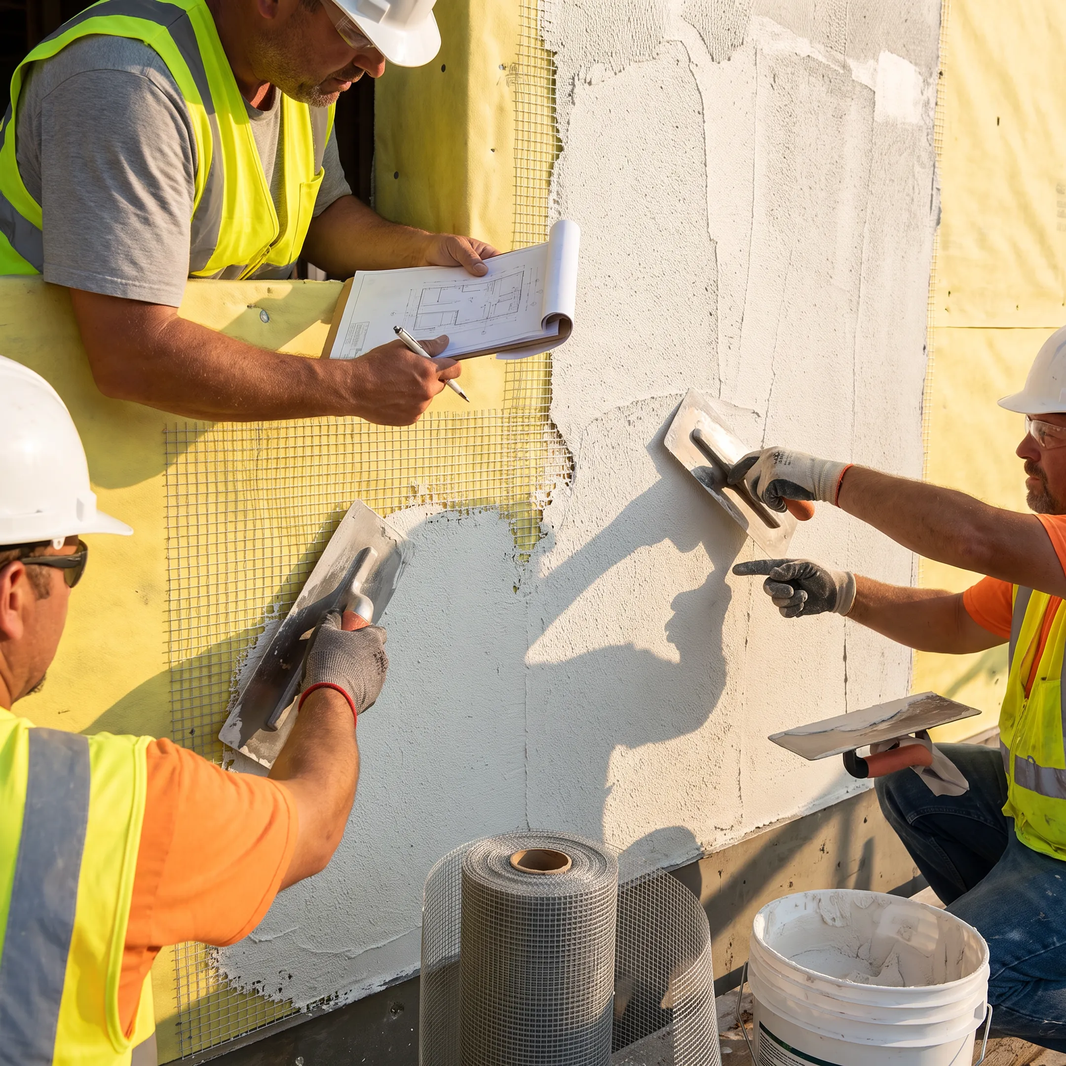 Workers applying an exterior wall system to a commercial building