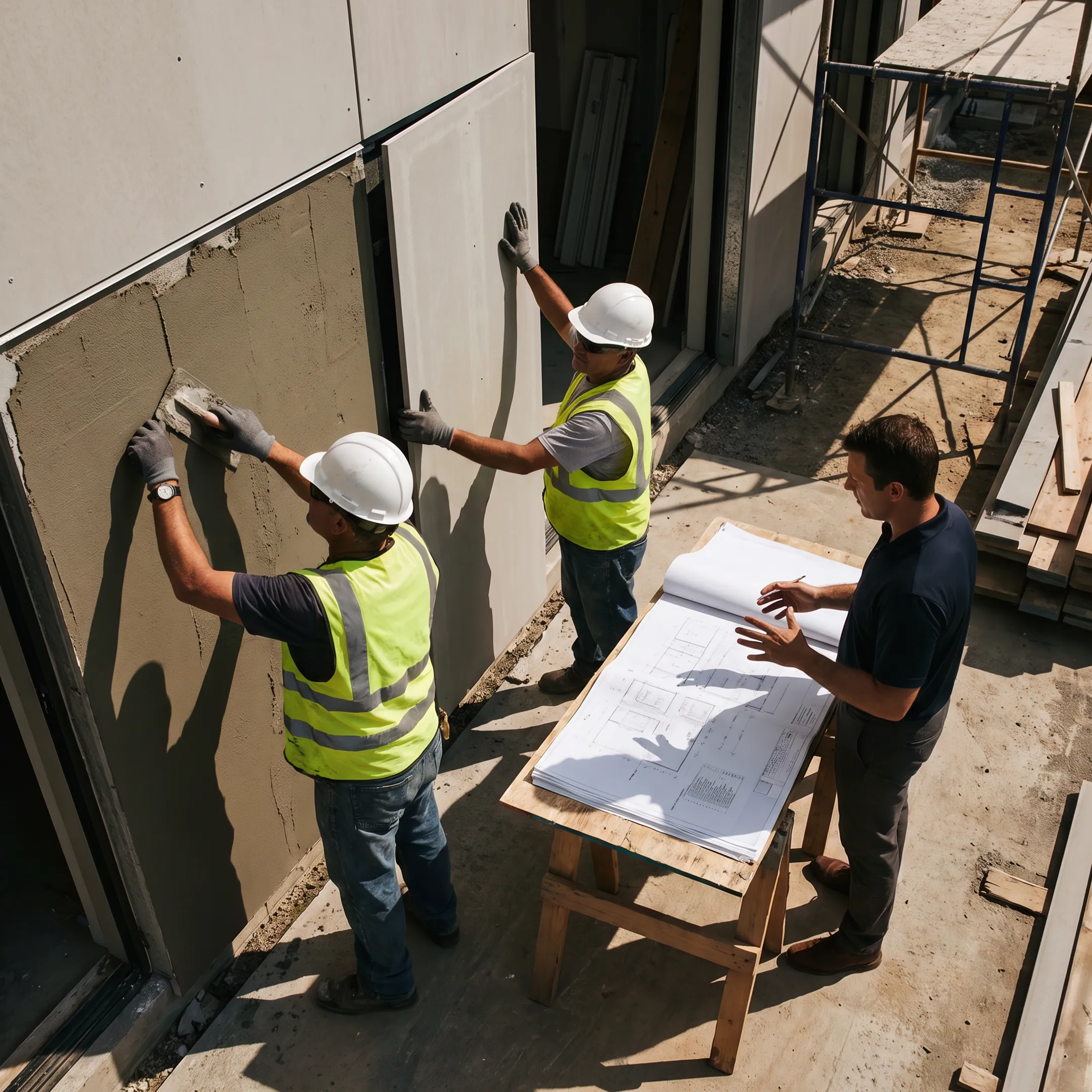 Workers installing commercial EIFS and exterior wall panels