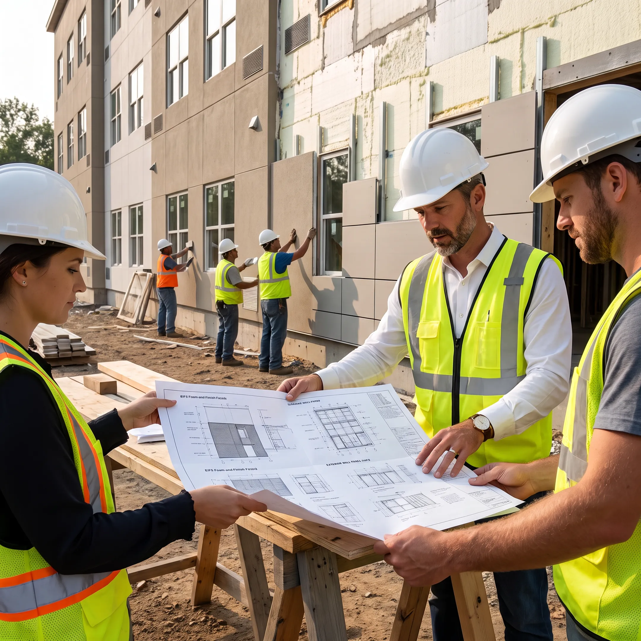 Contractor reviewing exterior cladding plans beside a commercial building