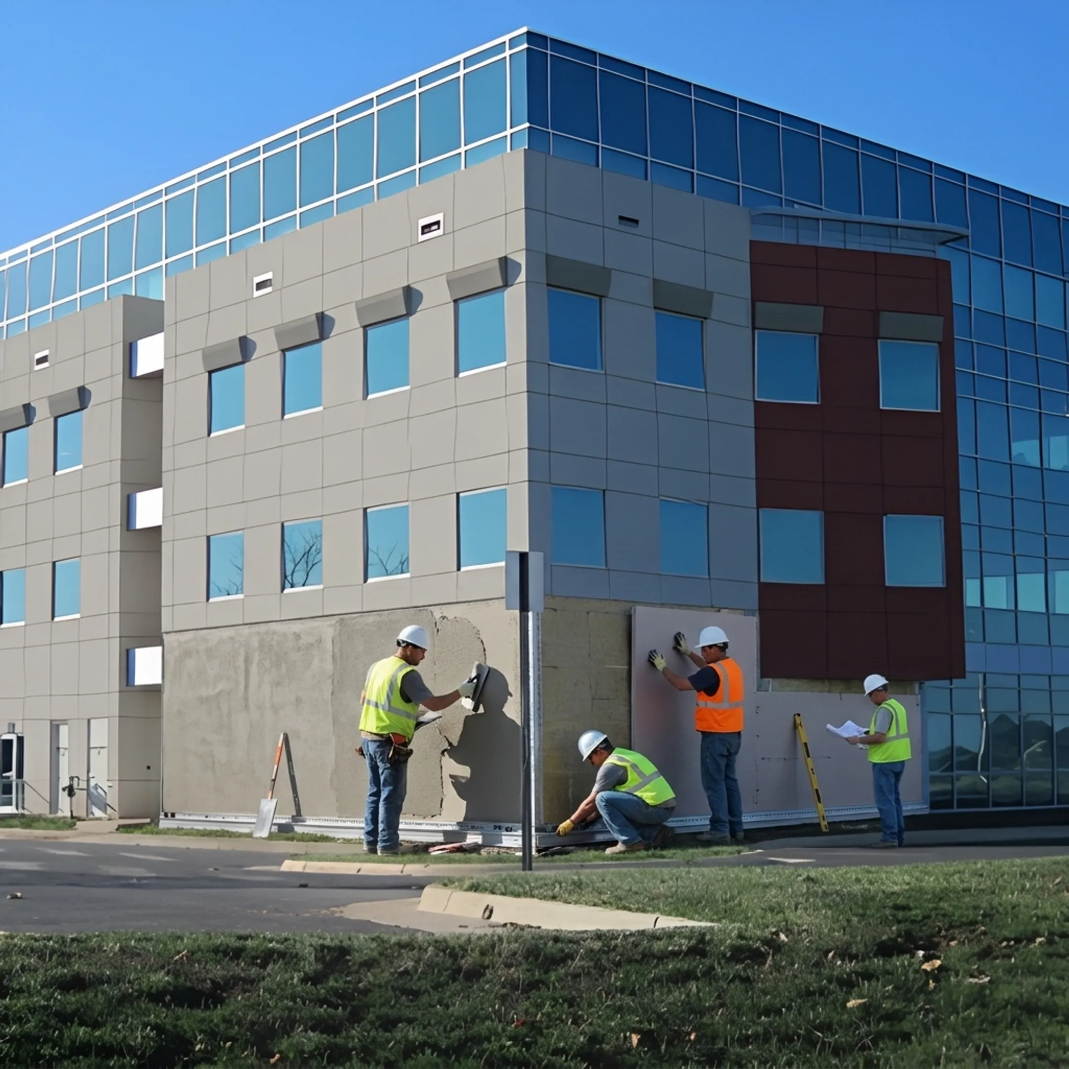 EIFS exterior wall system being installed on a commercial building