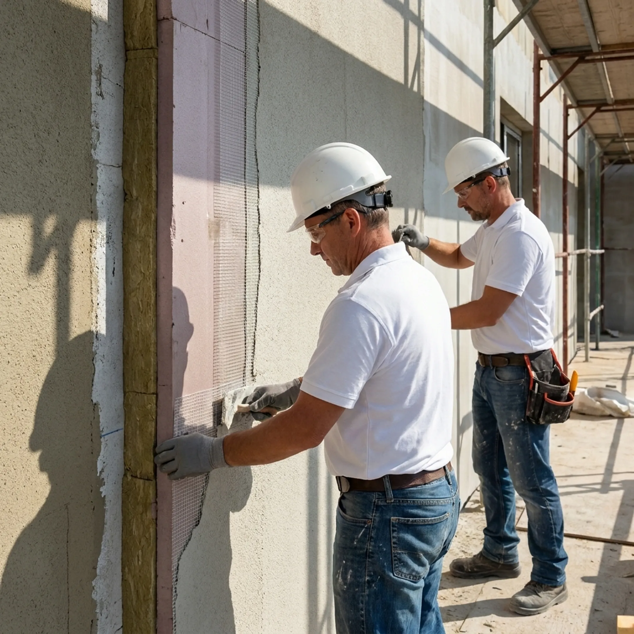 Workers applying EIFS layers to a commercial exterior wall
